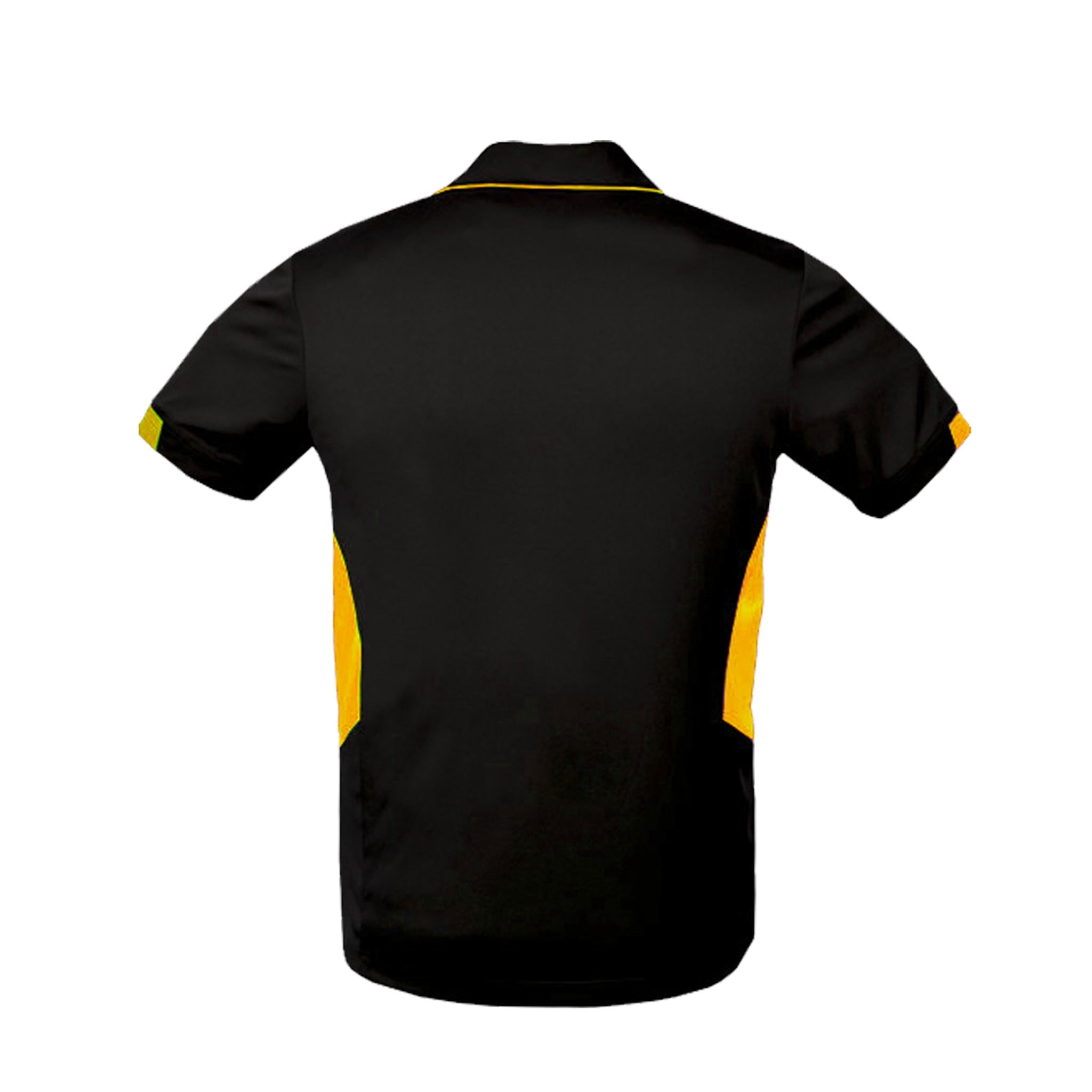 back of mens tasman polo in black gold