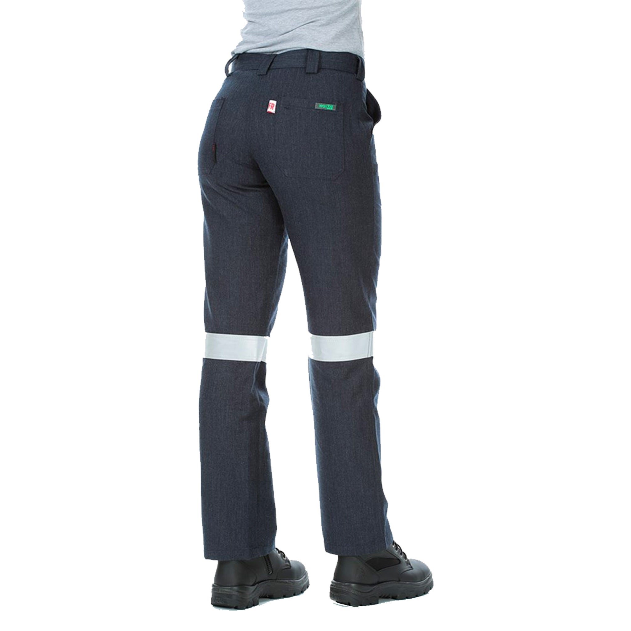 back of ladies fire retardant ripstop work pants with tape