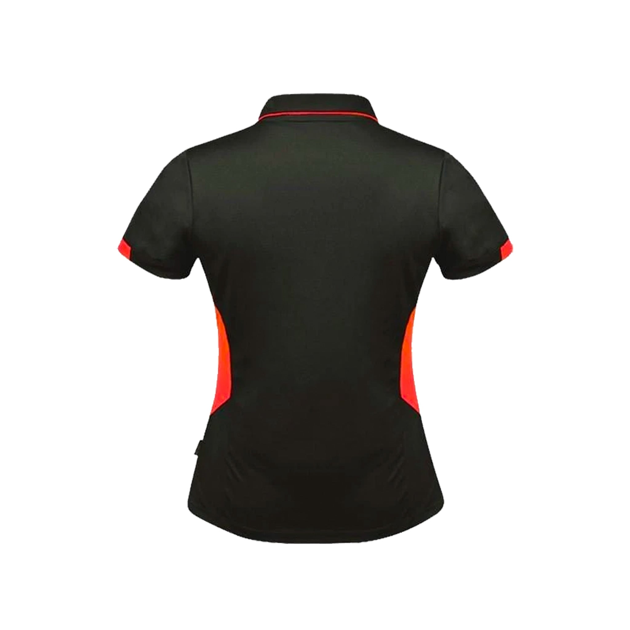 back of ladies tasman polo in slate neon orange