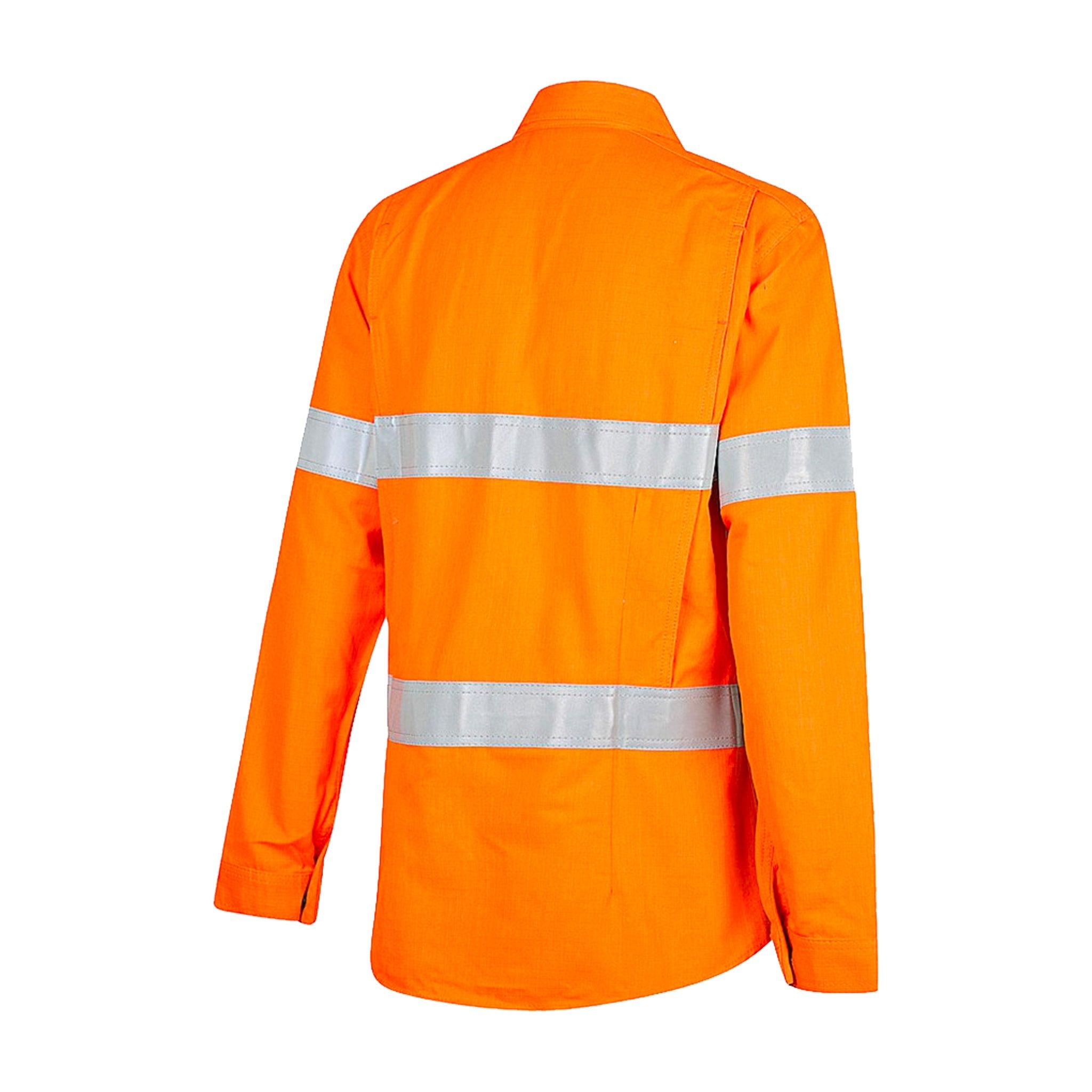 back of ladies fire resistant hi vis two tone modacrylic inherent lightweight gusset cuff drill shirt with reflective tape in orange