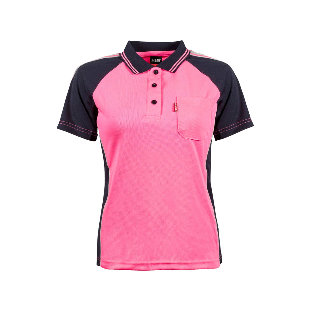BAD WORKWEAR WOMEN'S PINK HI VIS POLO SHIRT TRADIES WORKWEAR STORE