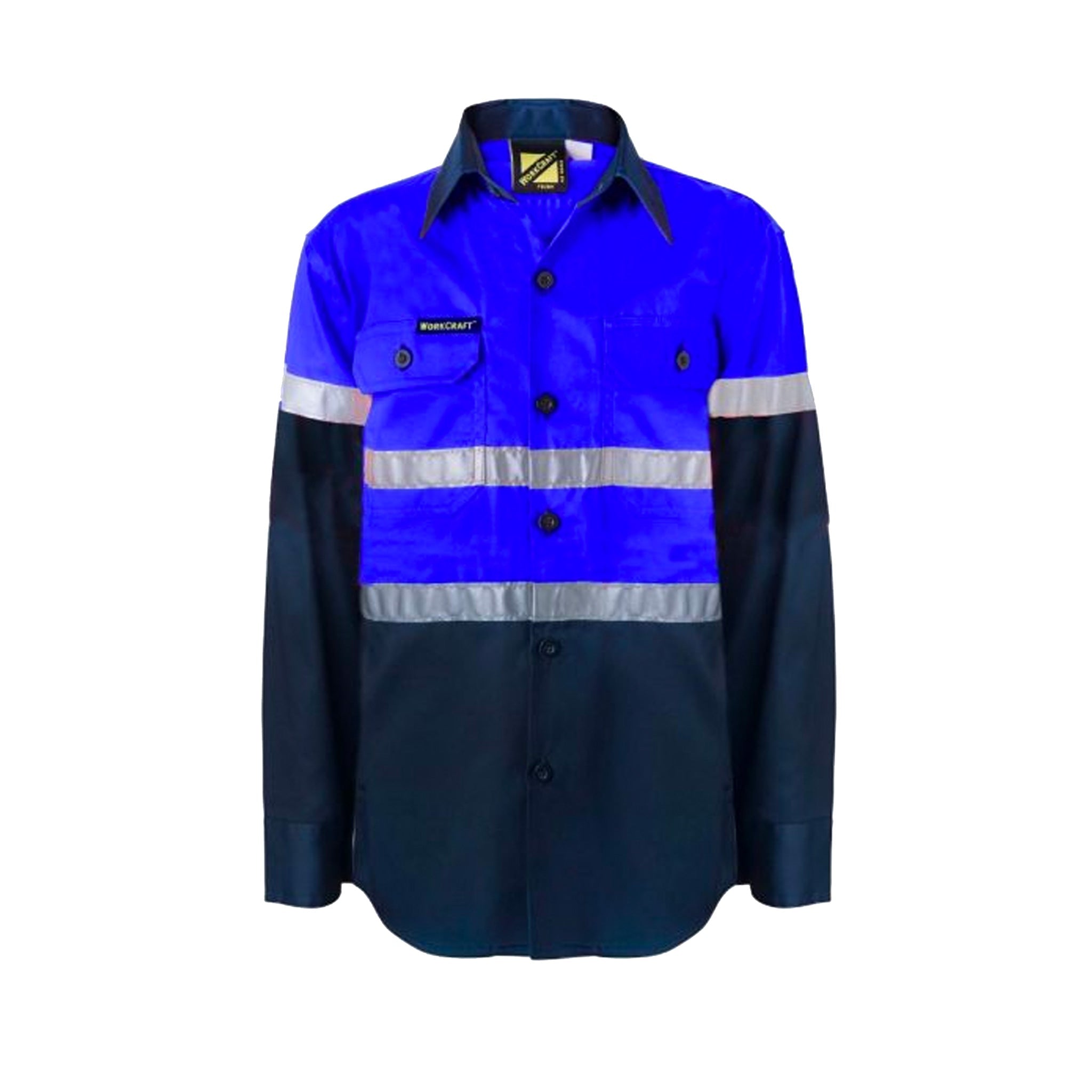 kids hi vis two tone long sleeve shirt in navy electric blue with reflective tape