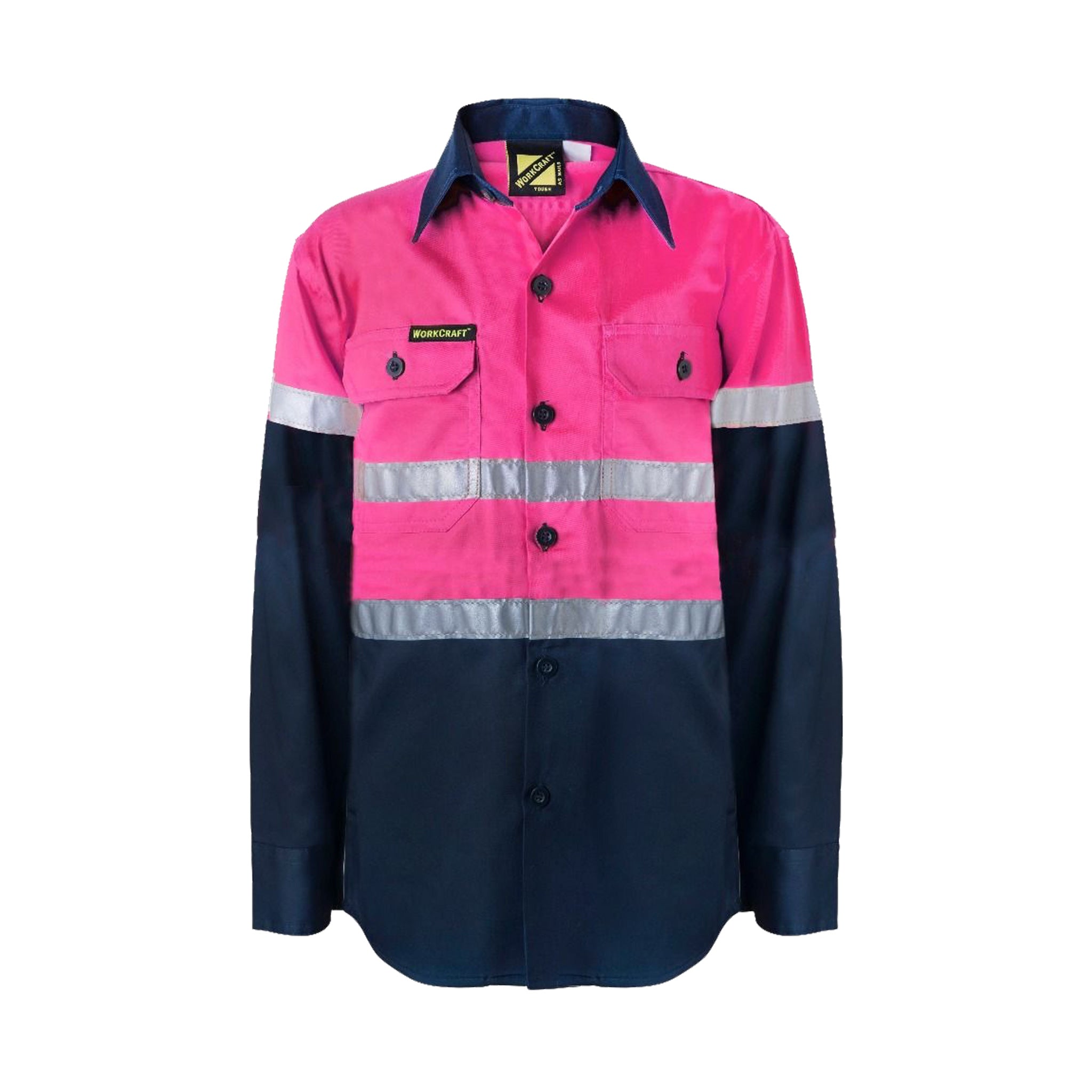 kids hi vis two tone long sleeve shirt in navy pink with reflective tape