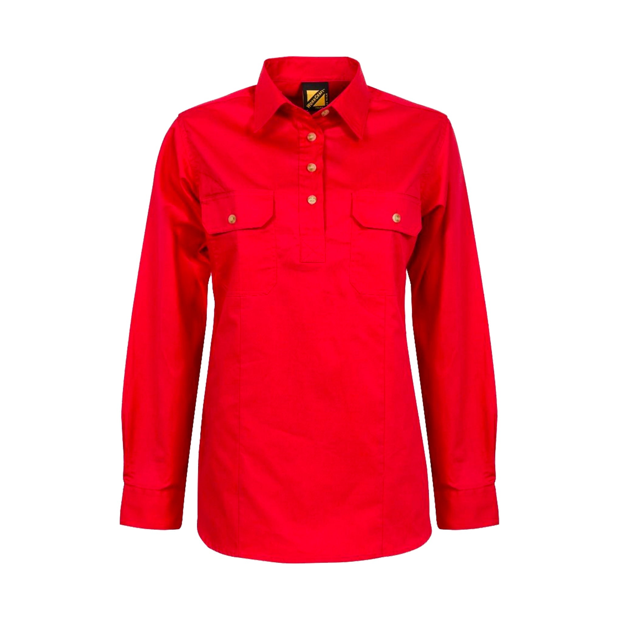 ladies long sleeve lightweight half placket shirt in crimson red