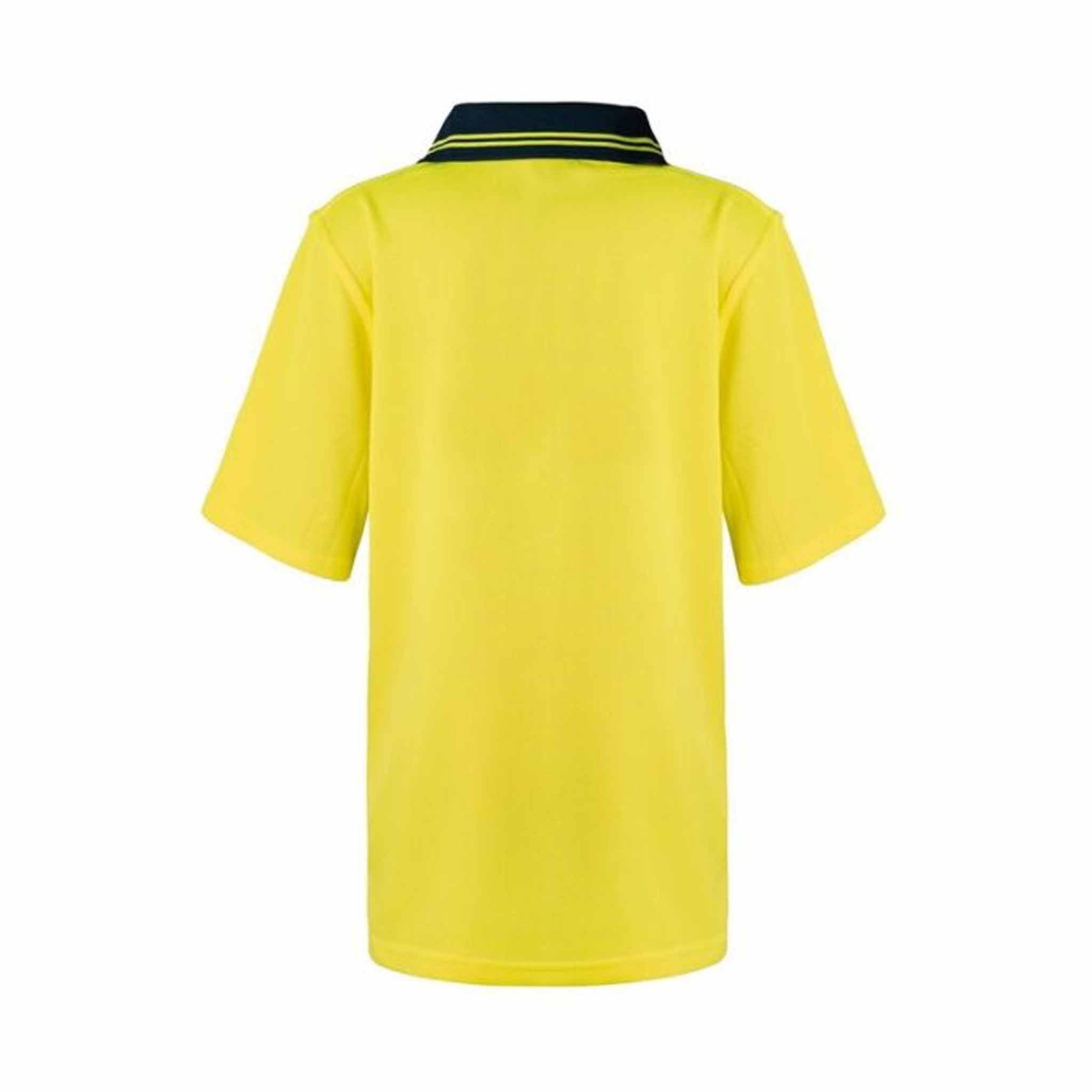 back of kids yellow navy hi vis two tone short sleeve polo with pocket