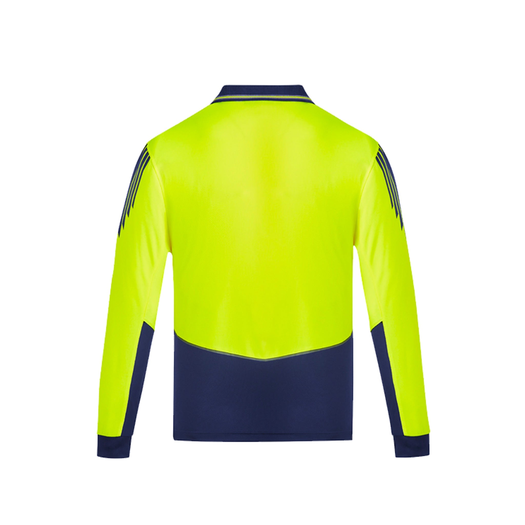 back of yellow navy hi vis flux long sleeve polo