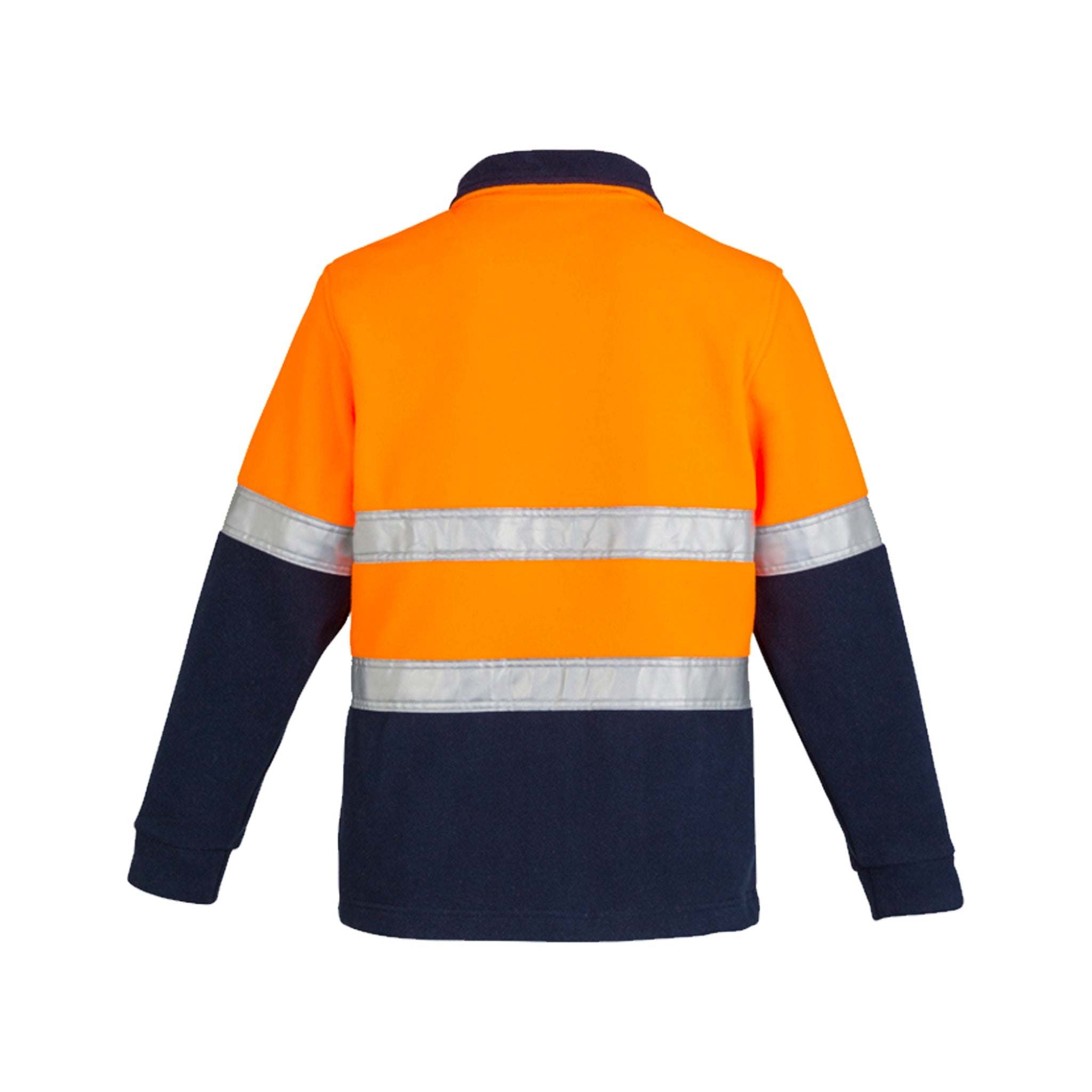 back of orange navy hi vis hoop taped fleece jumper