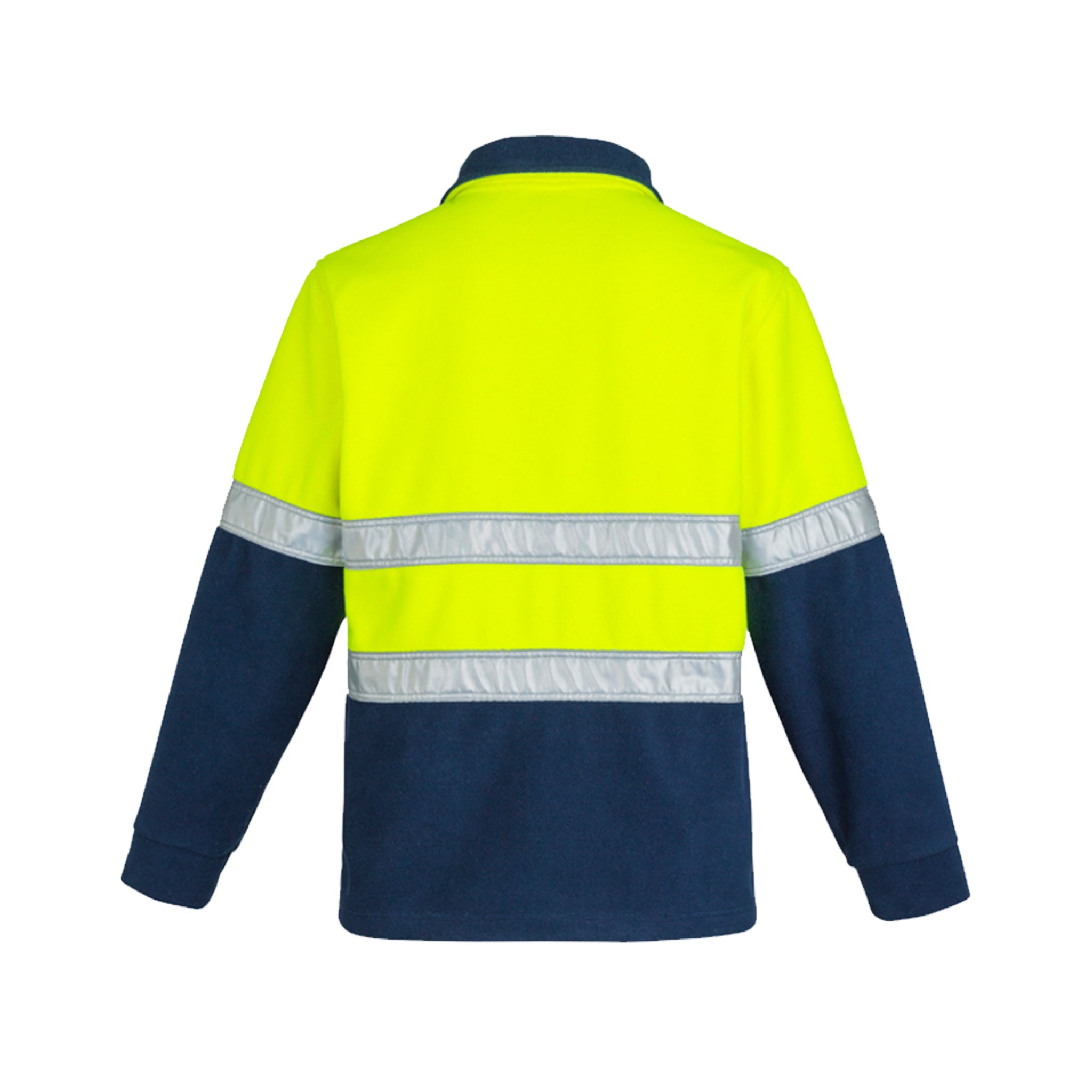 back of yellow navy hi vis hoop taped fleece jumper