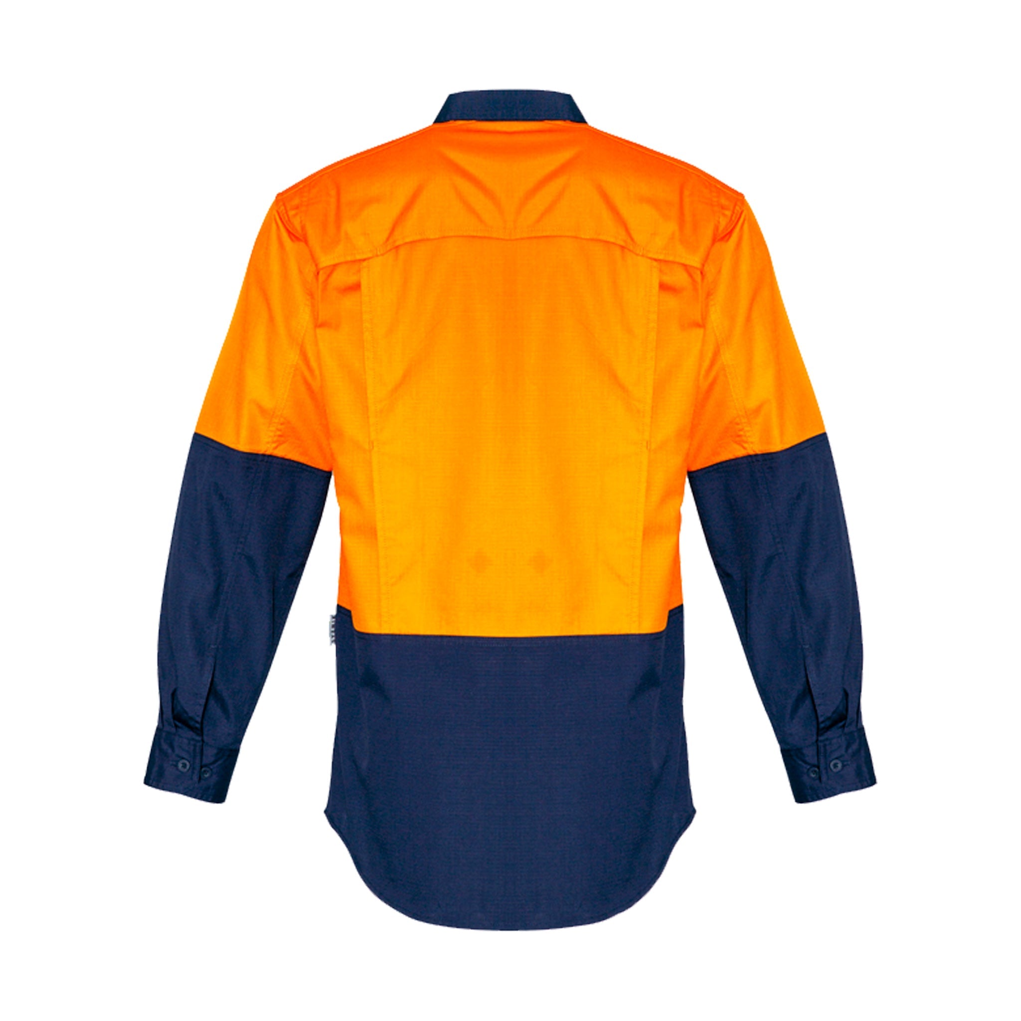 back of hi vis spliced rugged shirt in orange navy
