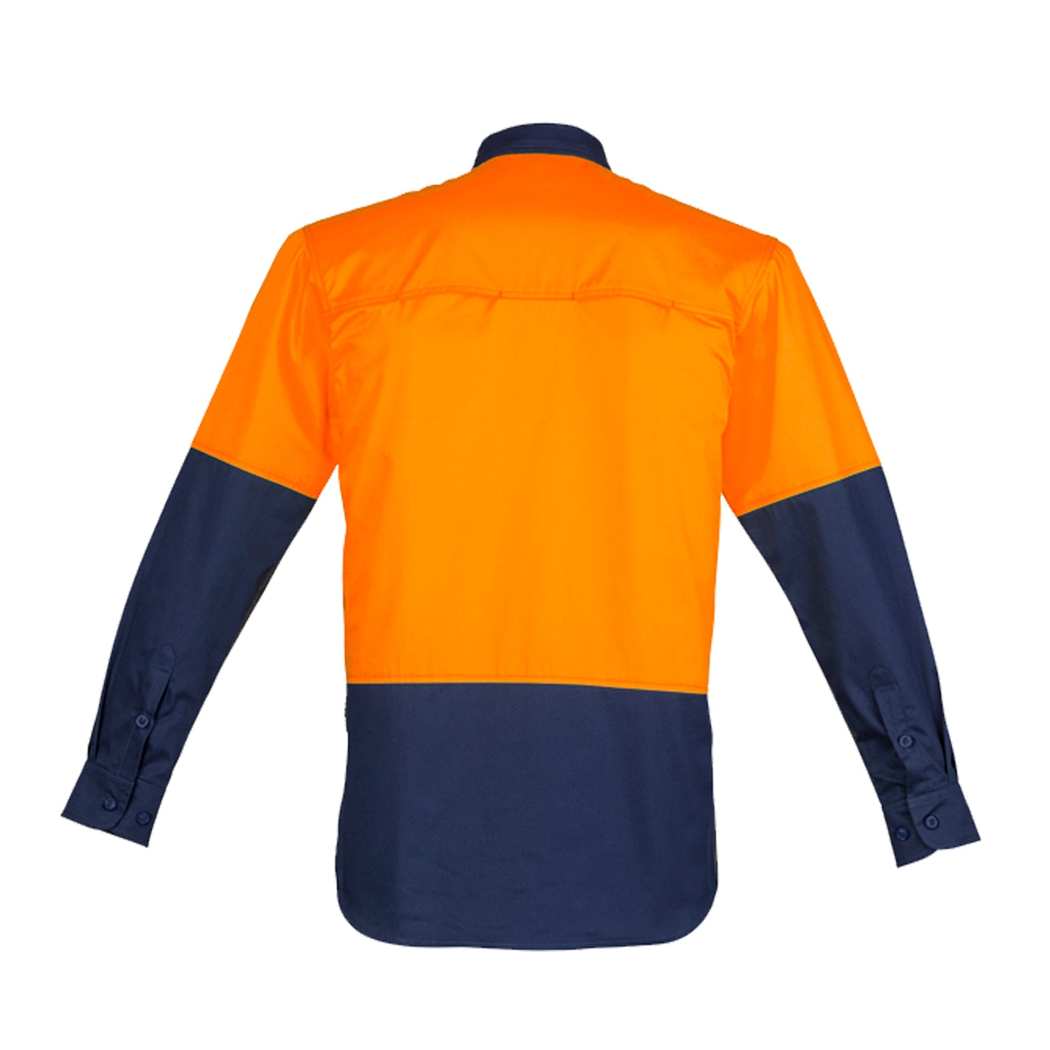 back of orange navy hi vis closed front shirt