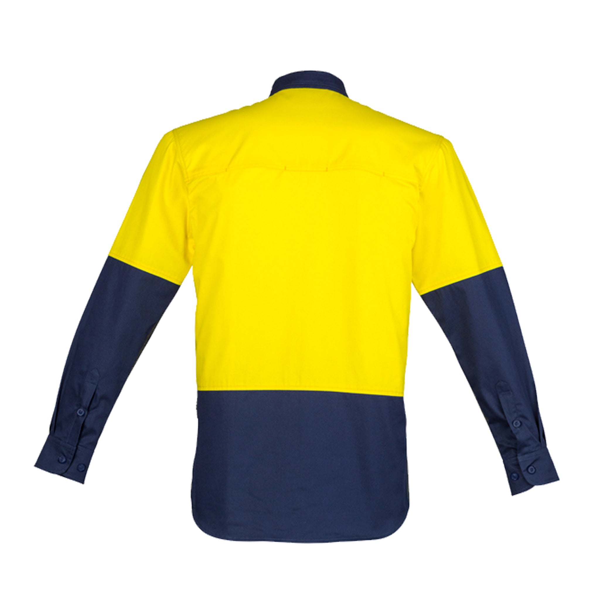 back of yellow navy hi vis closed front shirt