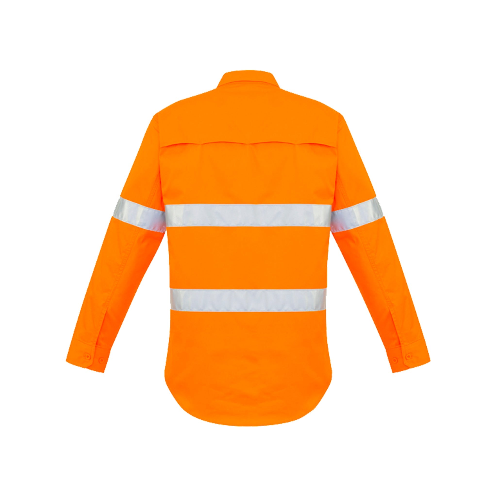 back of mens hi vis hoop taped long sleeve shirt in orange