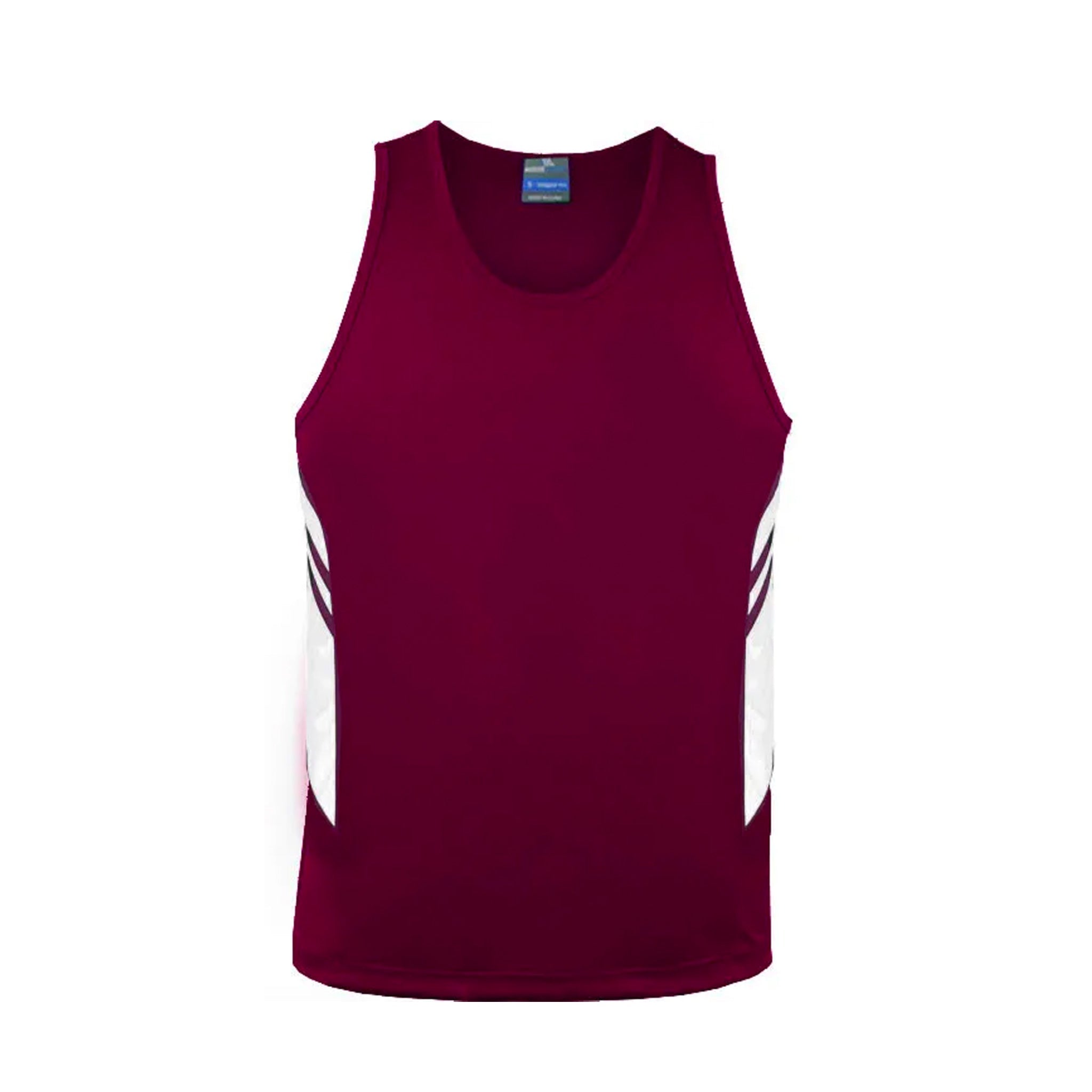 tasman mens singlets in maroon white