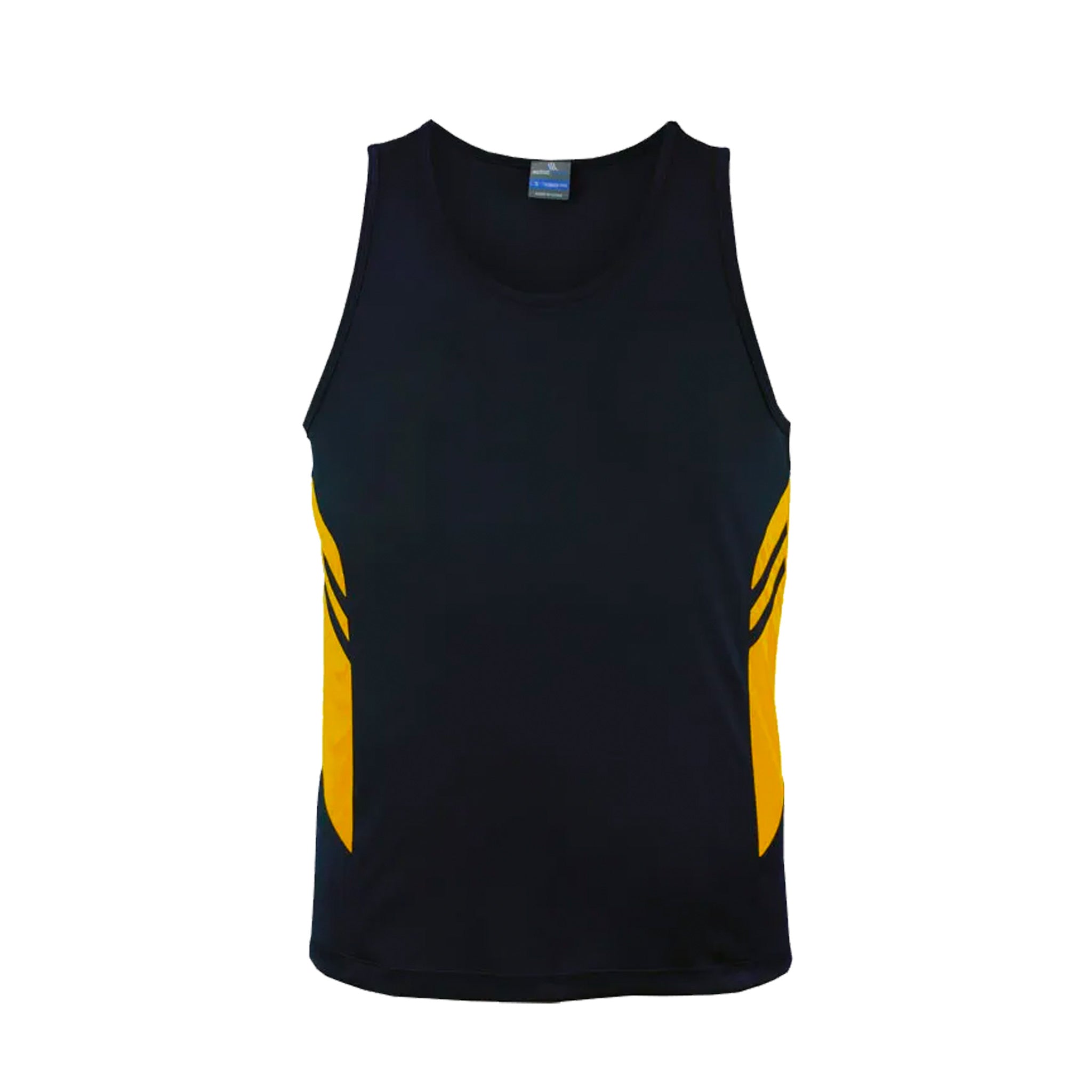 tasman mens singlets in navy gold