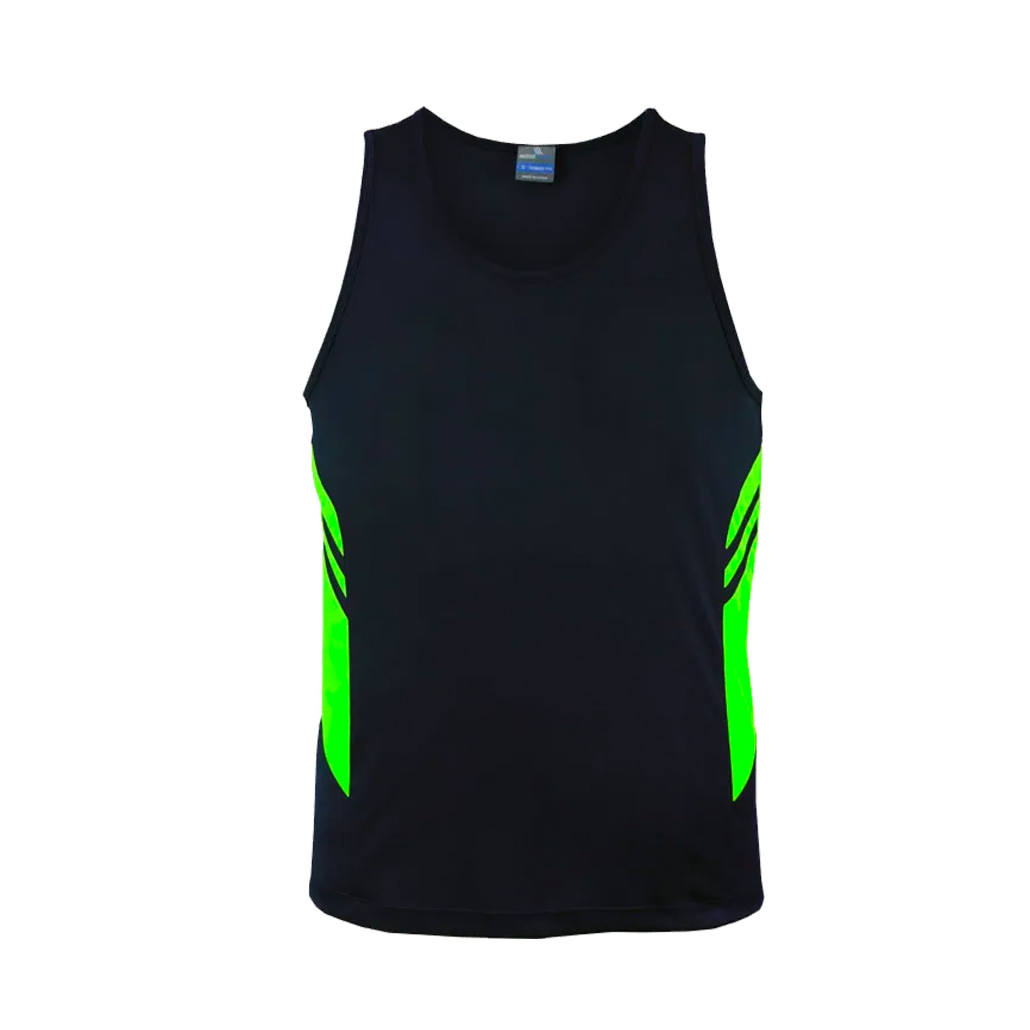 tasman mens singlet in navy neon green