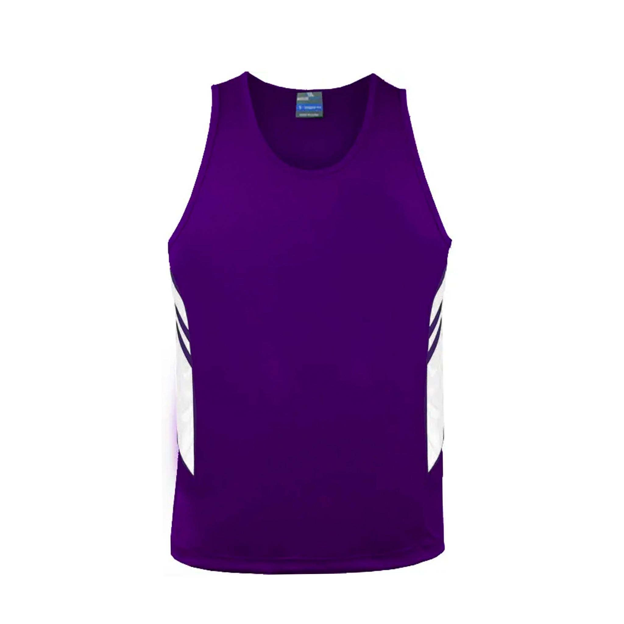 tasman mens singlets in purple white