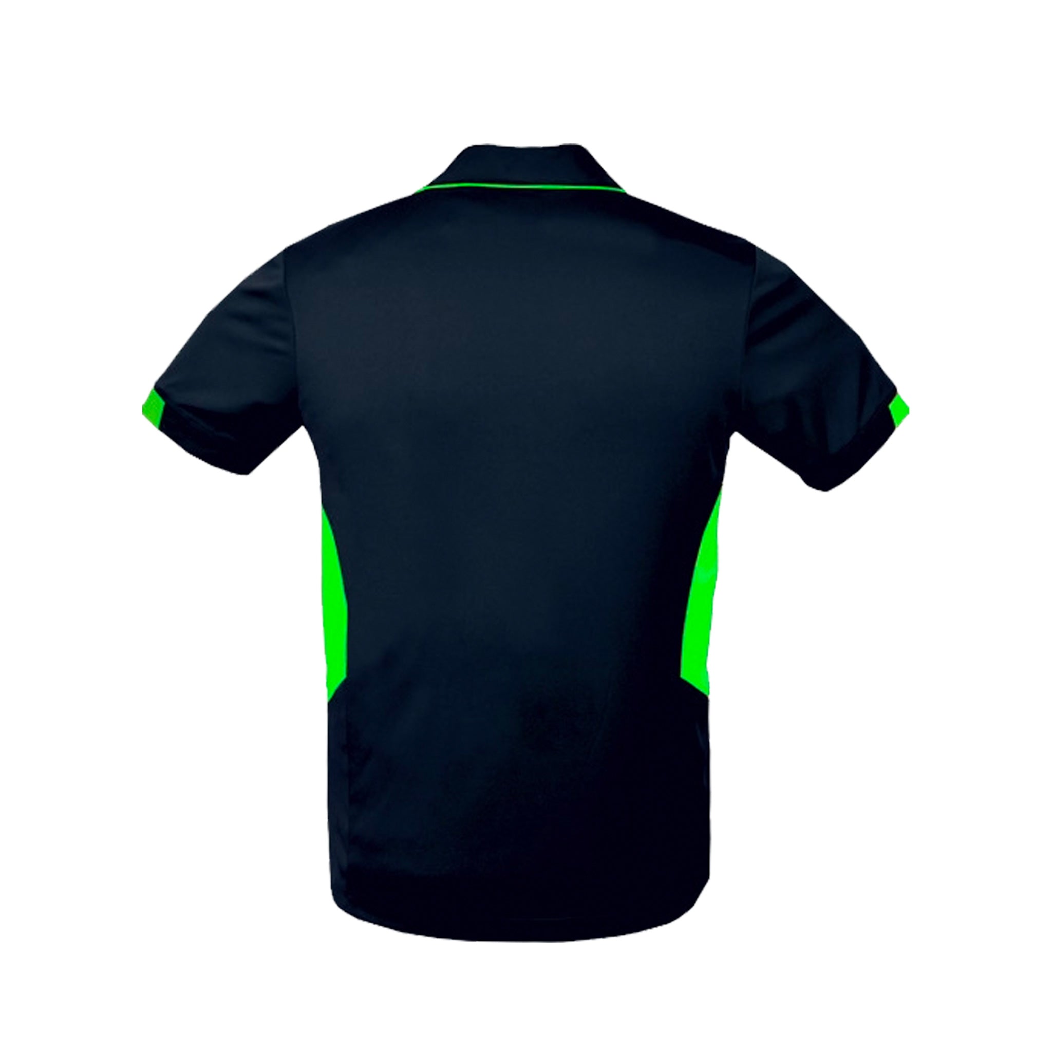 back of mens tasman polo in navy neon green