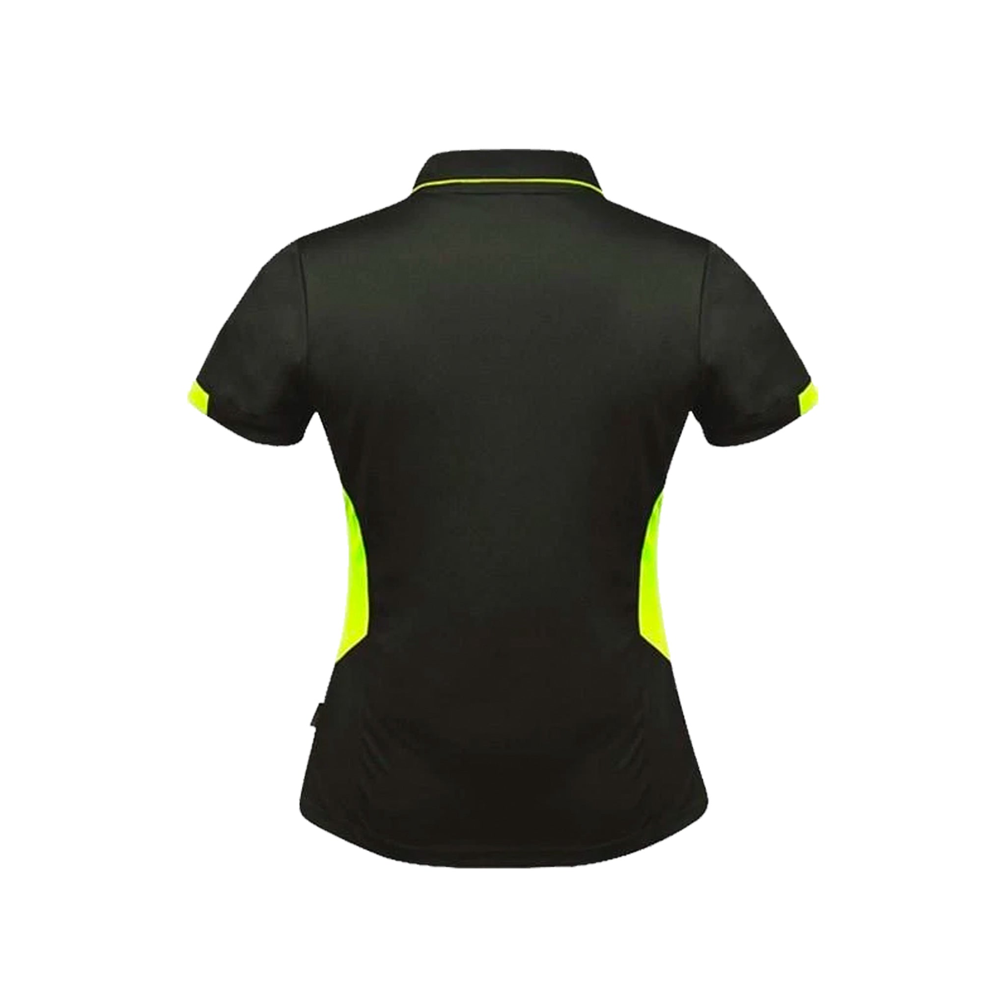 back of ladies tasman polo in slate neon yellow