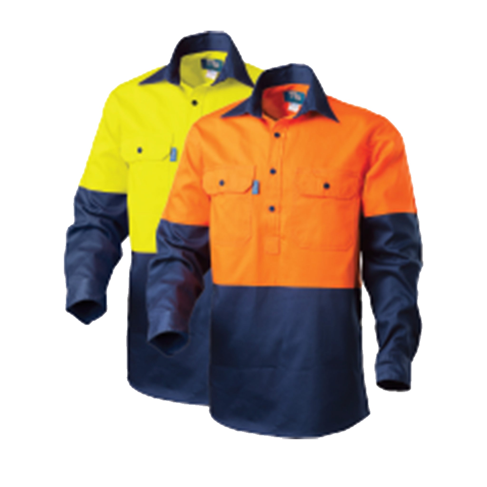 regular weight hi vis cotton closed front shirt in orange navy and yellow navy