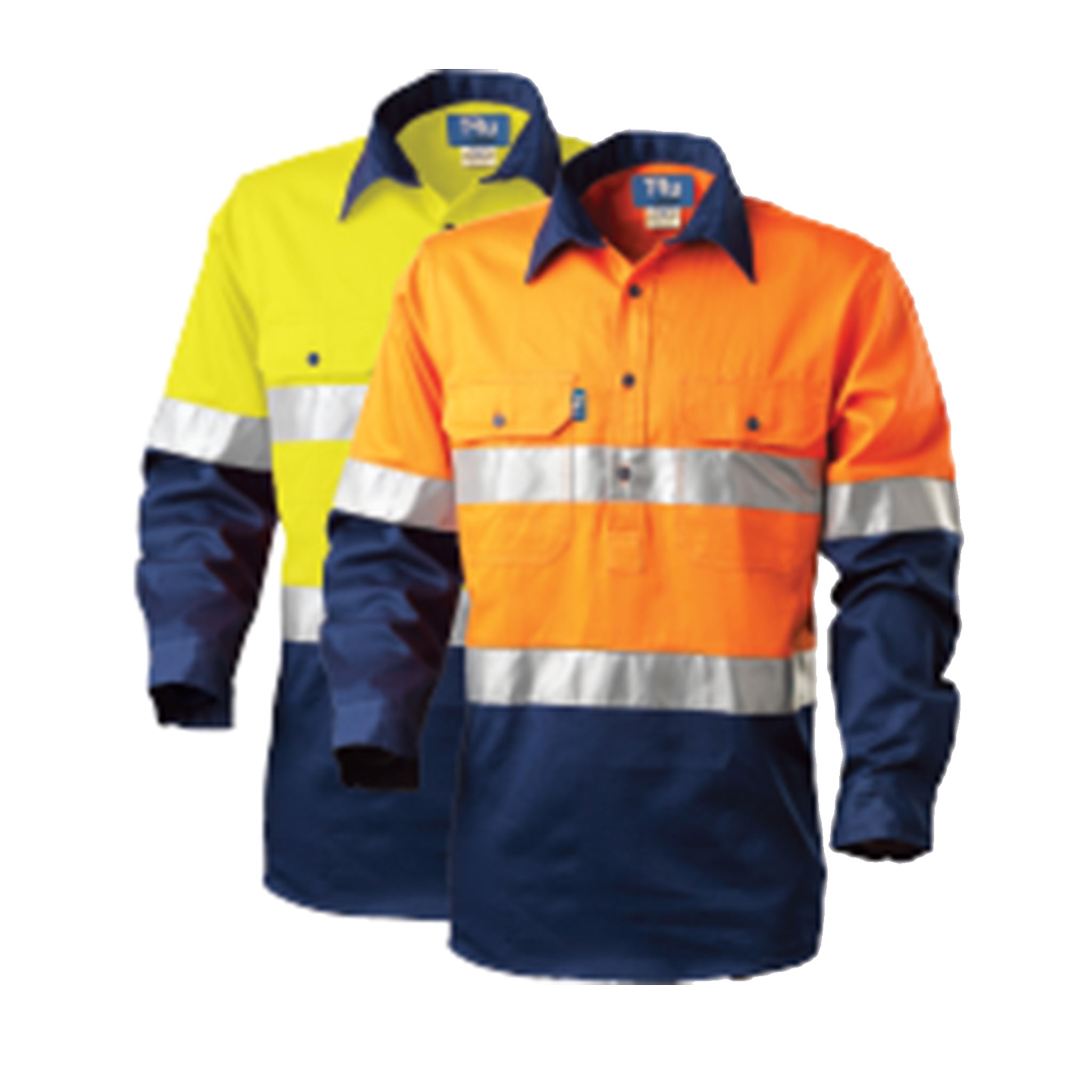 regular weight hi vis cotton closed front shirt with 3m tape in orange navy and yellow navy