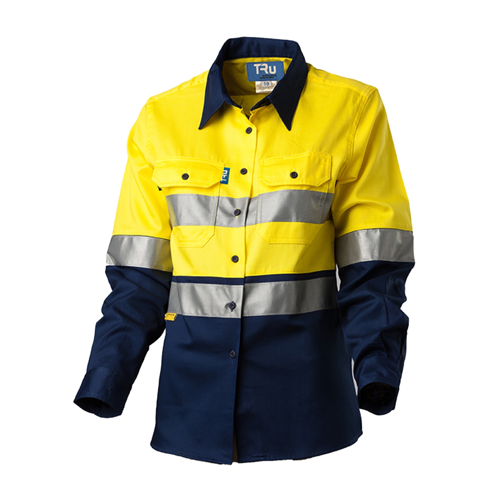 ladies regular weight hi vis cotton shirt with 3m tape in yellow navy