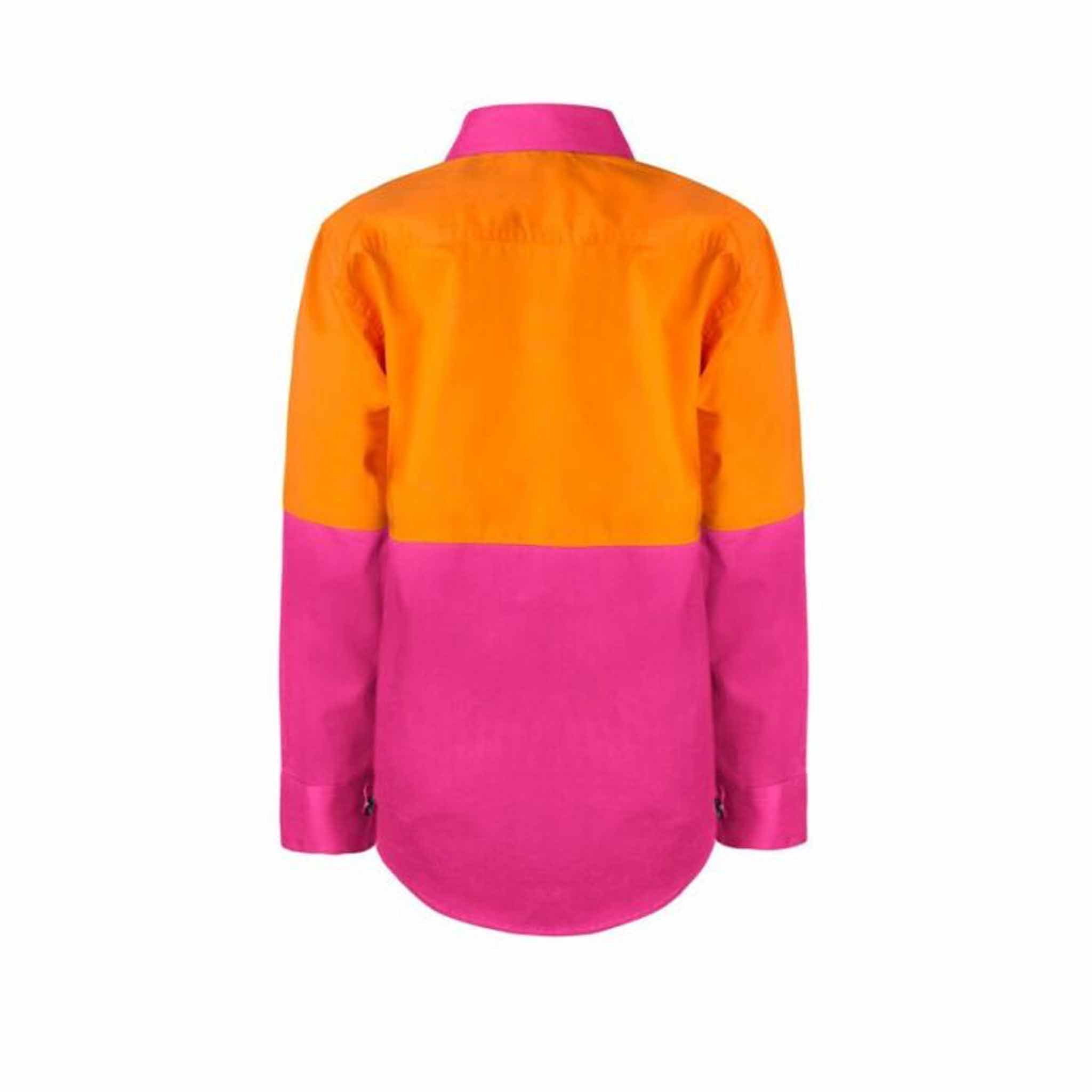 back of kids hi vis two tone long sleeve shirt in orange pink