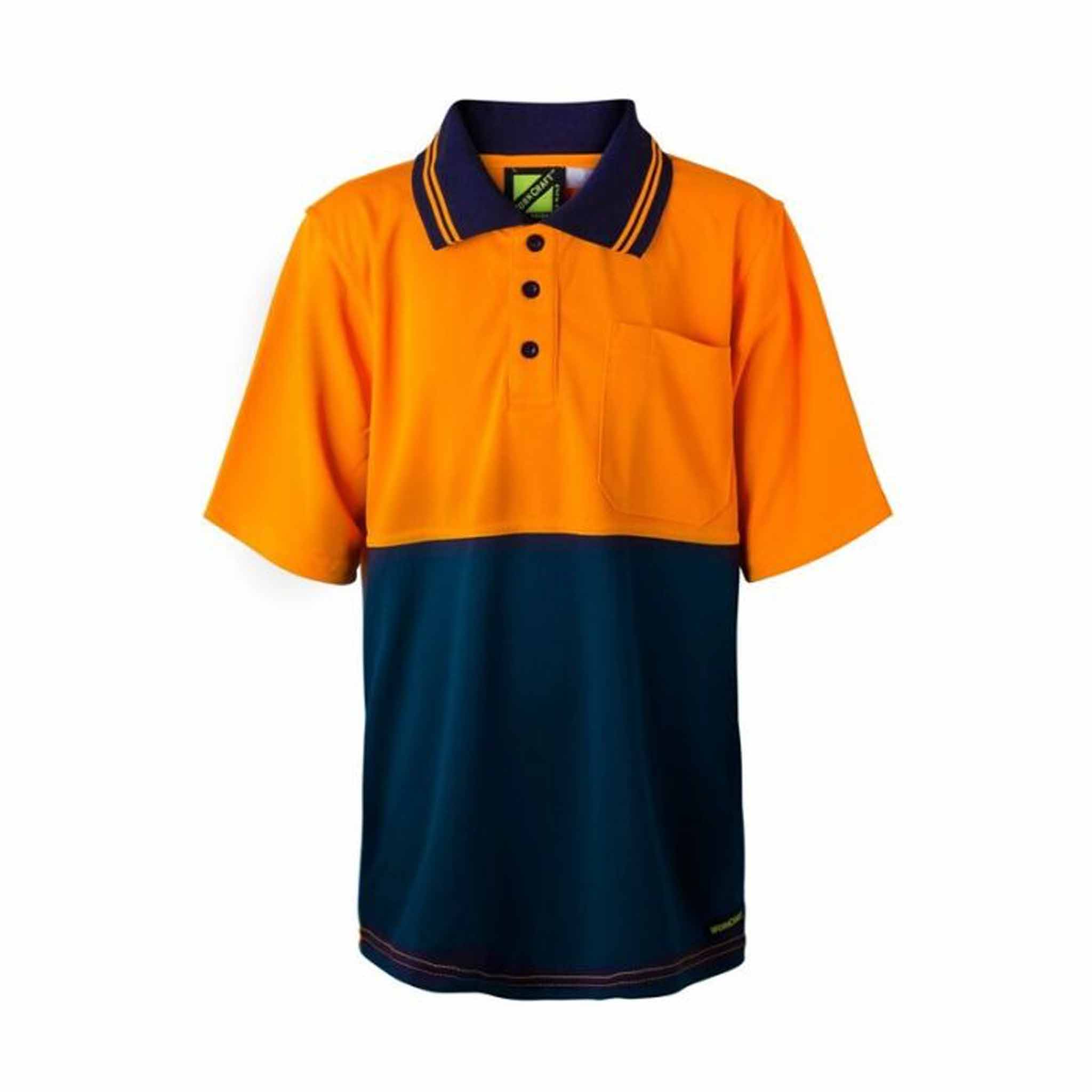 kids orange navy hi vis two tone short sleeve polo with pocket