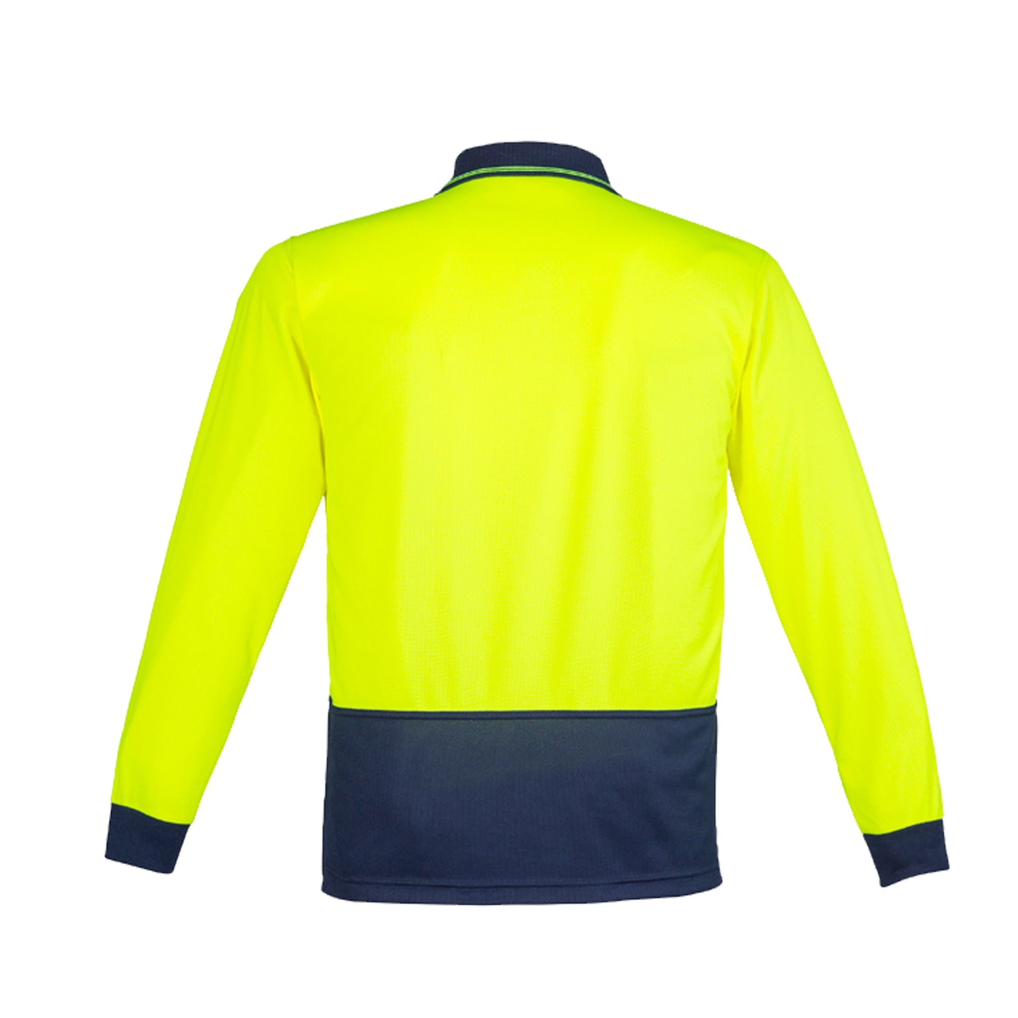 syzmik back of yellow navy hi vis basic spliced long sleeve polo