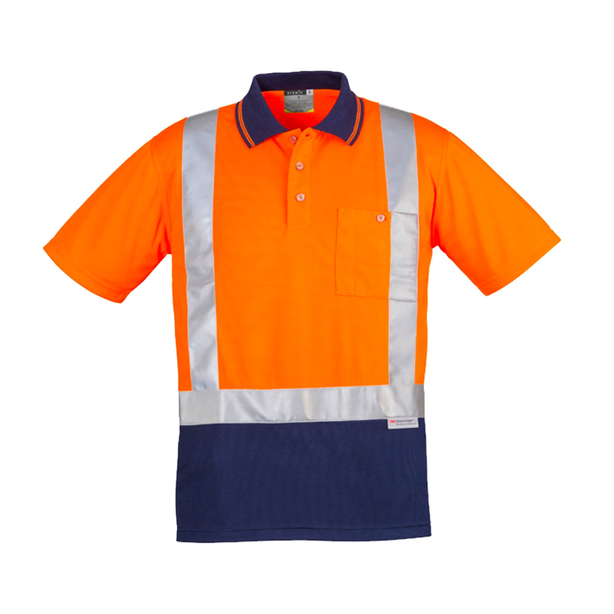 hi vis short sleeve spliced polo shoulder taped in orange navy