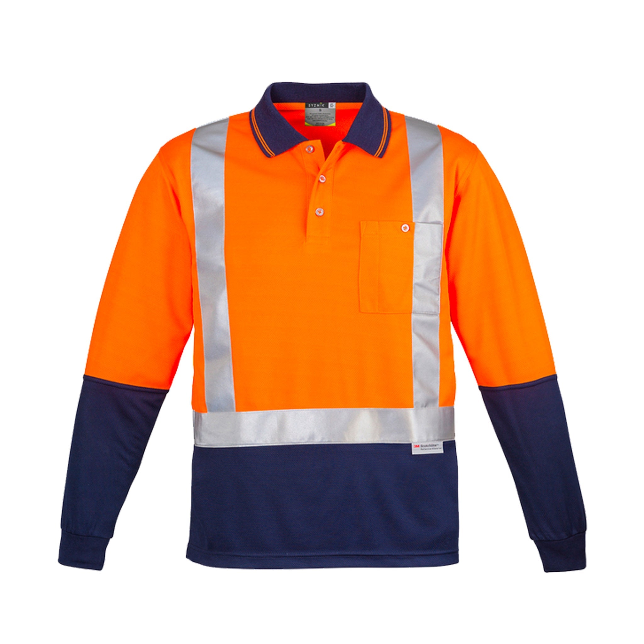 hi vis long sleeve spliced polo with shoulder tape in orange navy