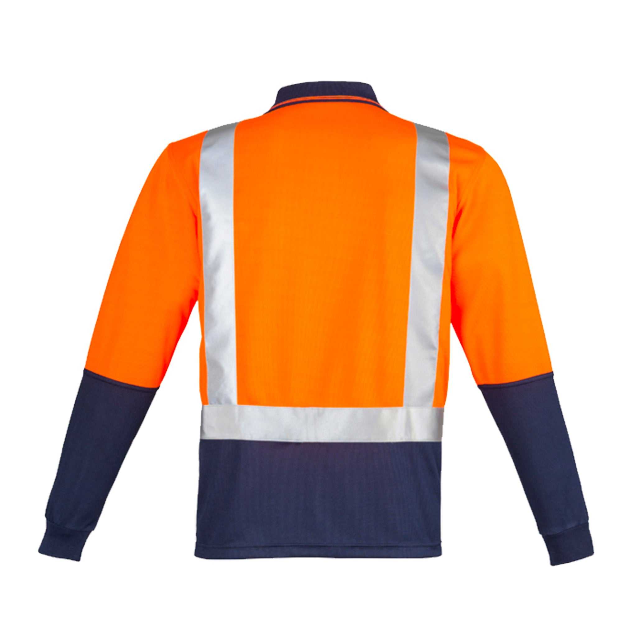 back of hi vis long sleeve spliced polo with shoulder tape in orange navy