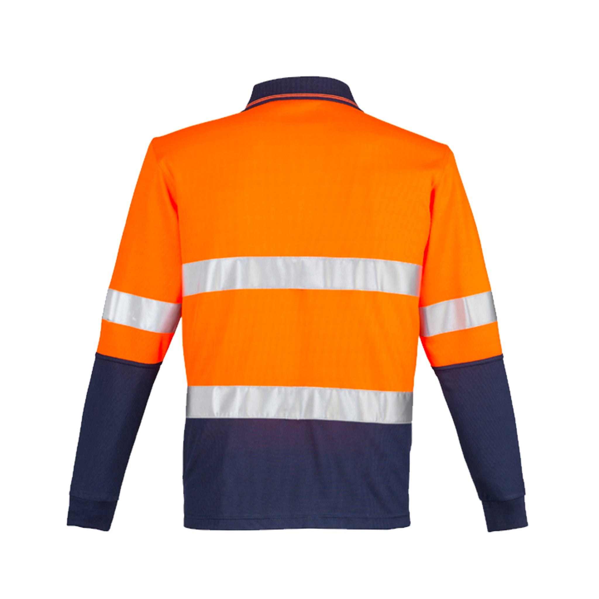 back of hi vis long sleeve spliced polo hoop taped in orange navy