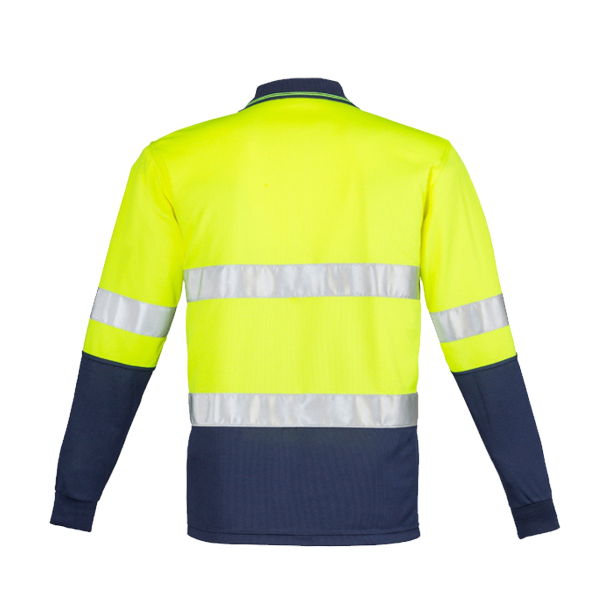 back of hi vis long sleeve spliced polo hoop taped in yellow navy