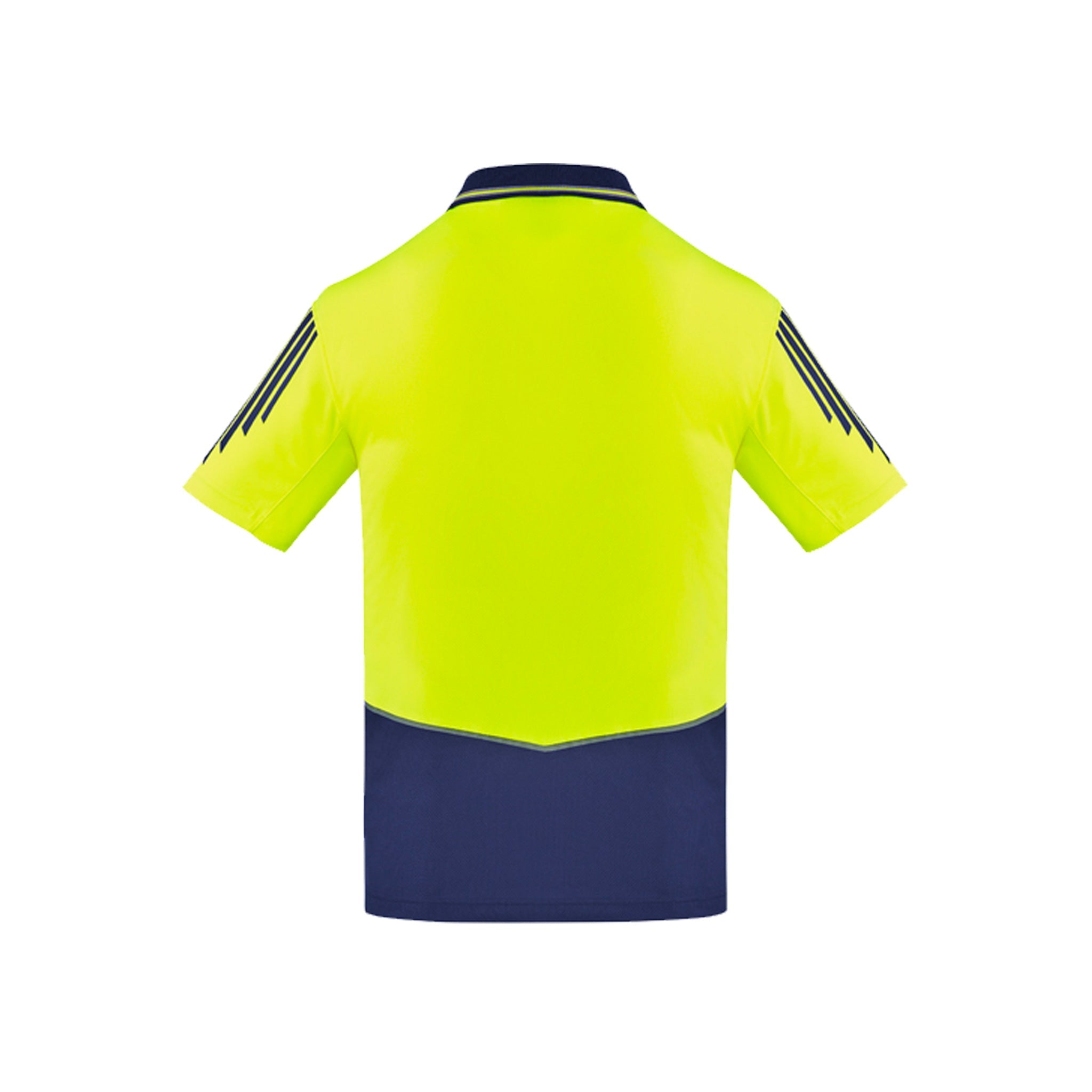 back of yellow navy hi vis flux short sleeve polo