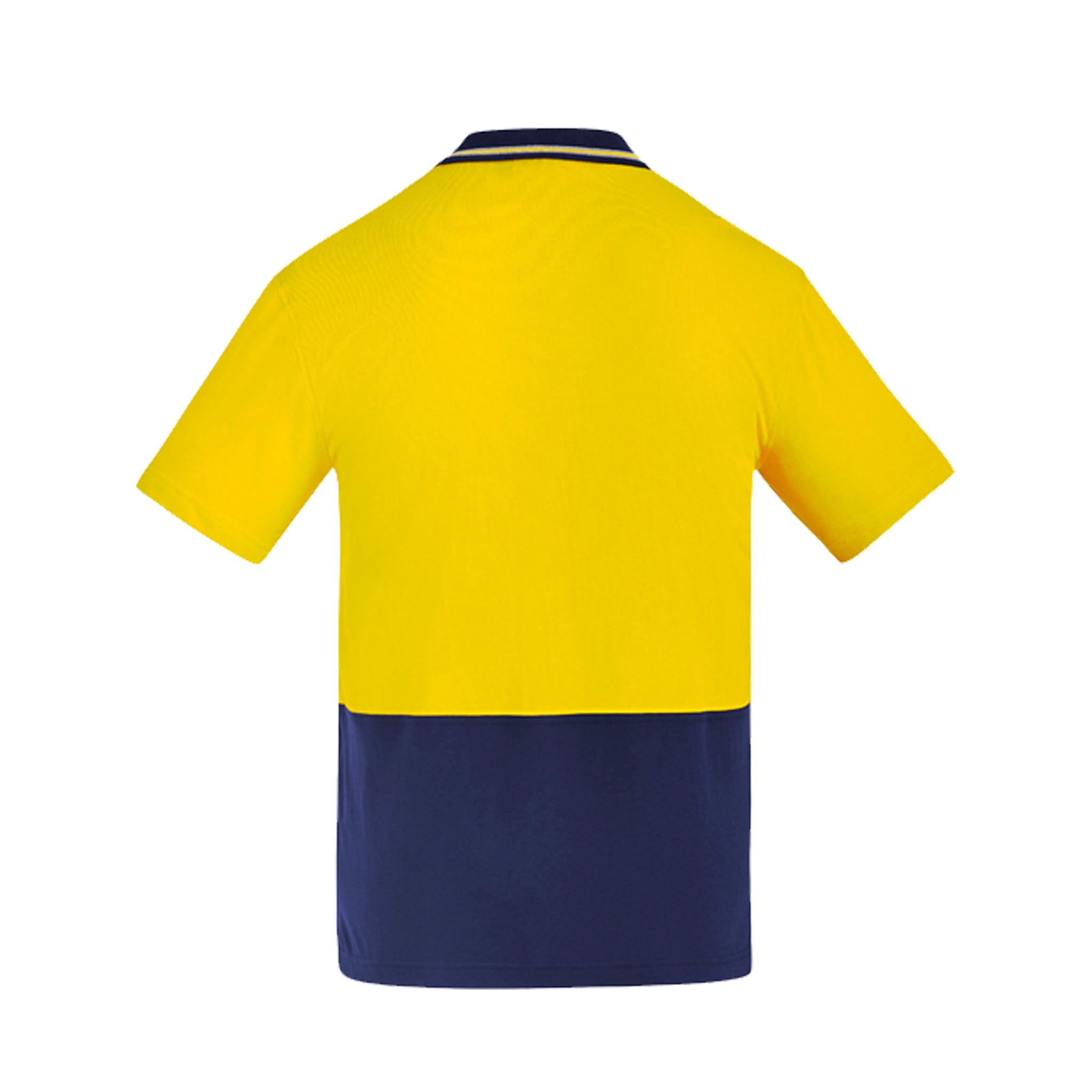 back of yellow navy hi vis cotton short sleeve polo