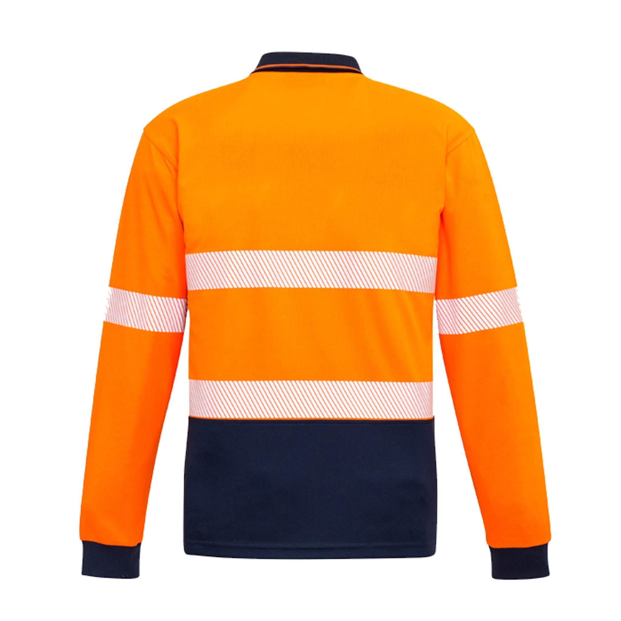 back of unisex hi vis segmented long sleeve polo hoop taped shirt in orange navy