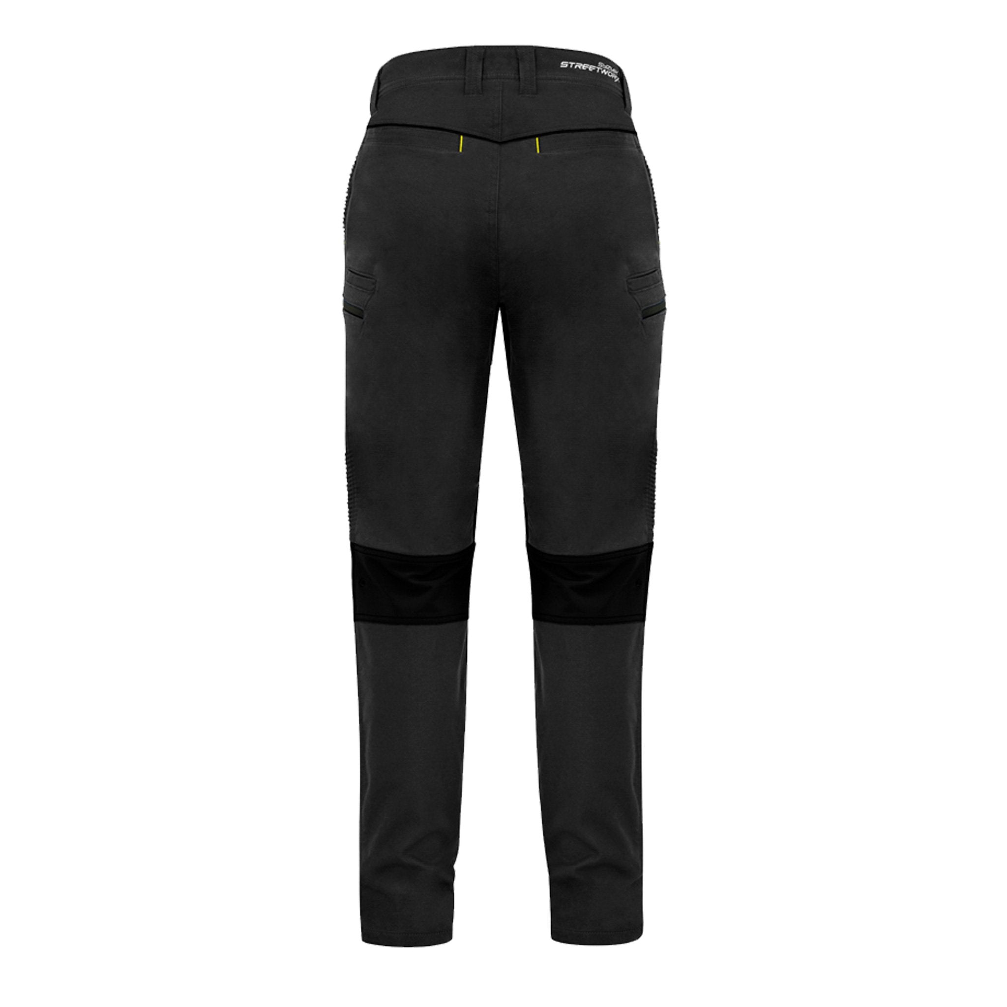 back of streetworx stretch pant non cuffed in charcoal