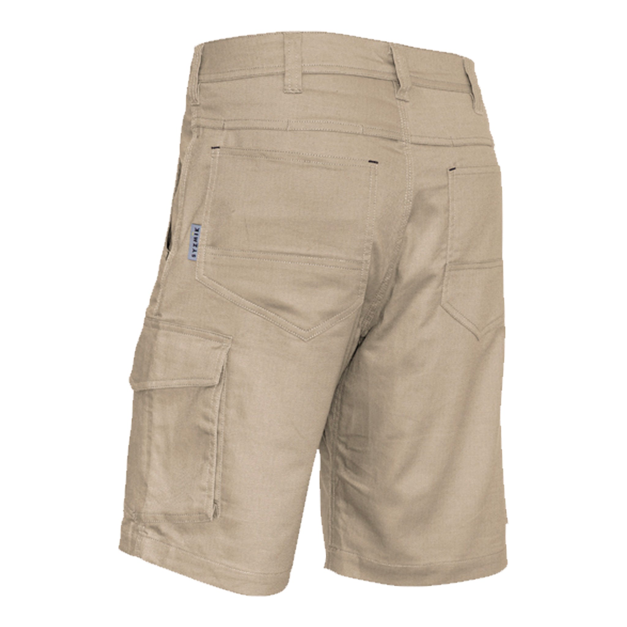 syzmik back of rugged vented short in khaki