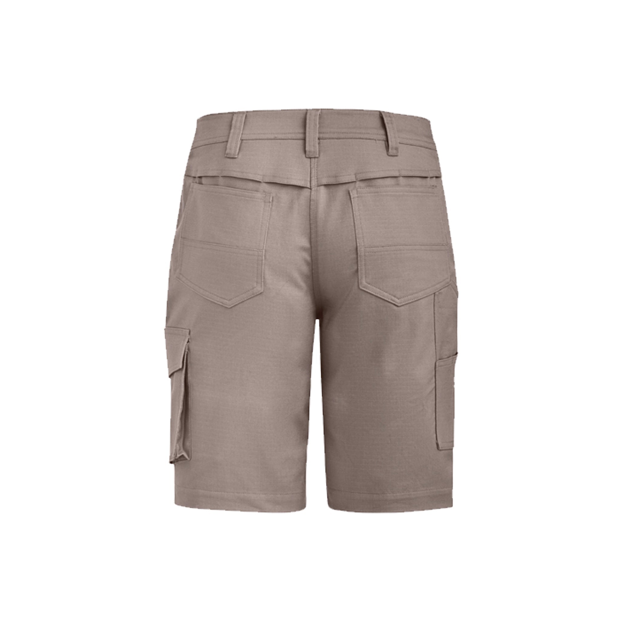 back of ladies rugged cooling venting shorts in khaki