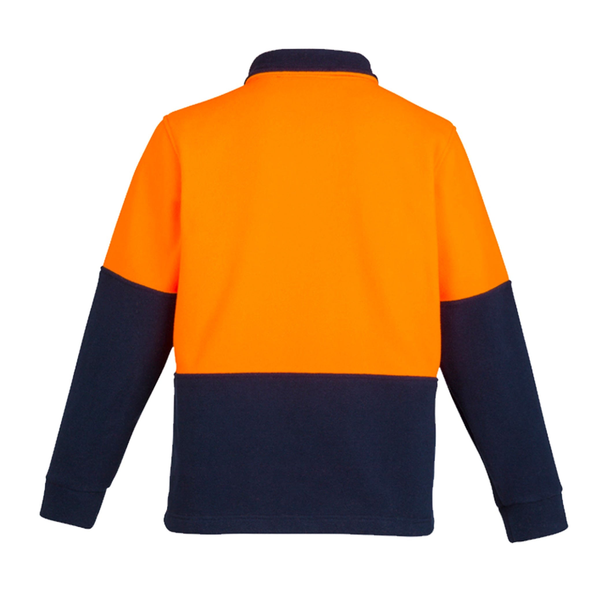 syzmik back of unisex fleece jumper in orange navy