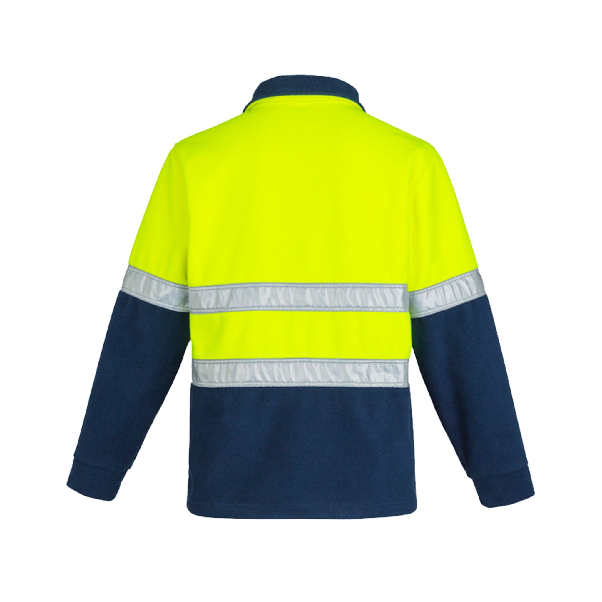 back of yellow navy hi vis hoop taped fleece jumper 