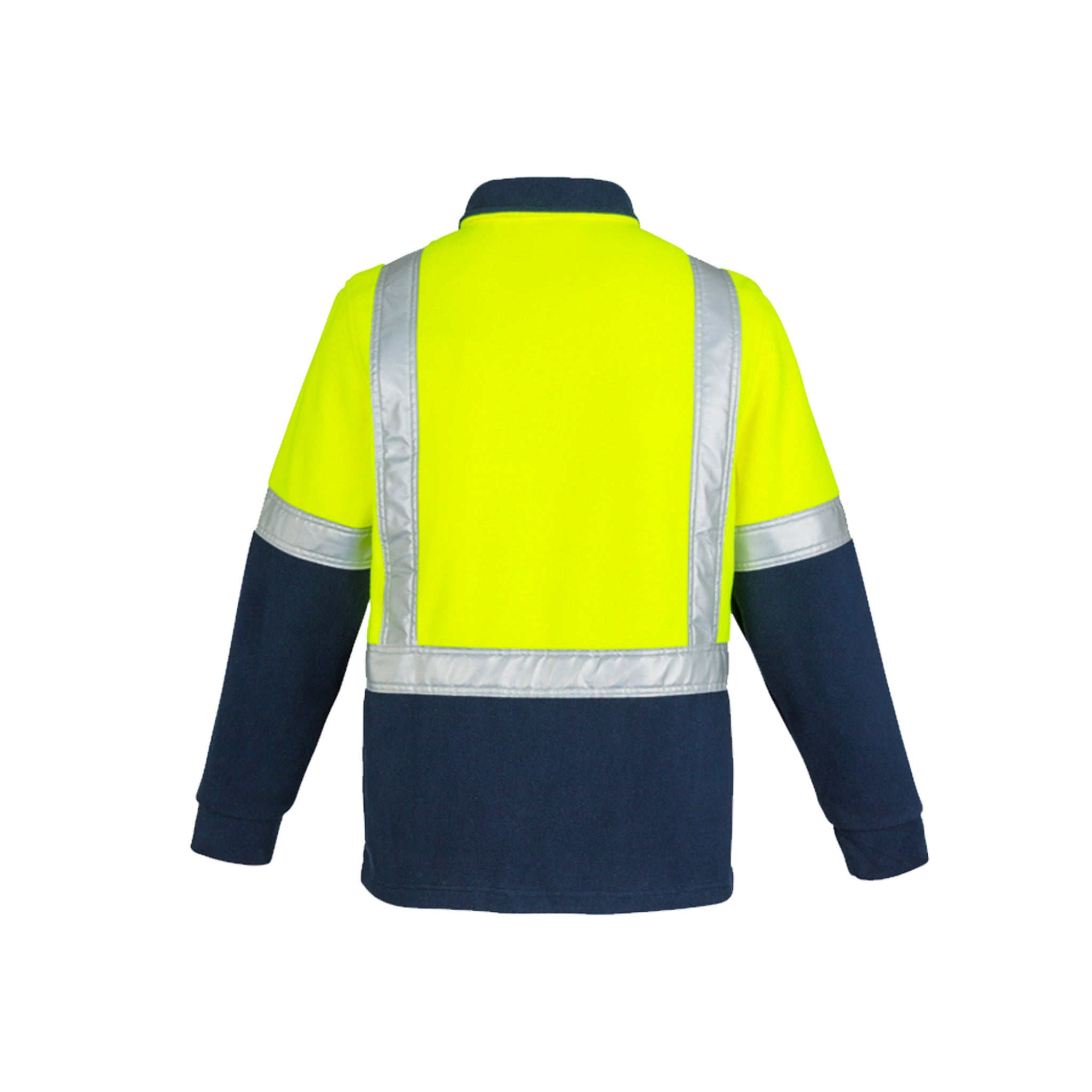 back of yellow navy hi vis fleece jumper with shoulder tape