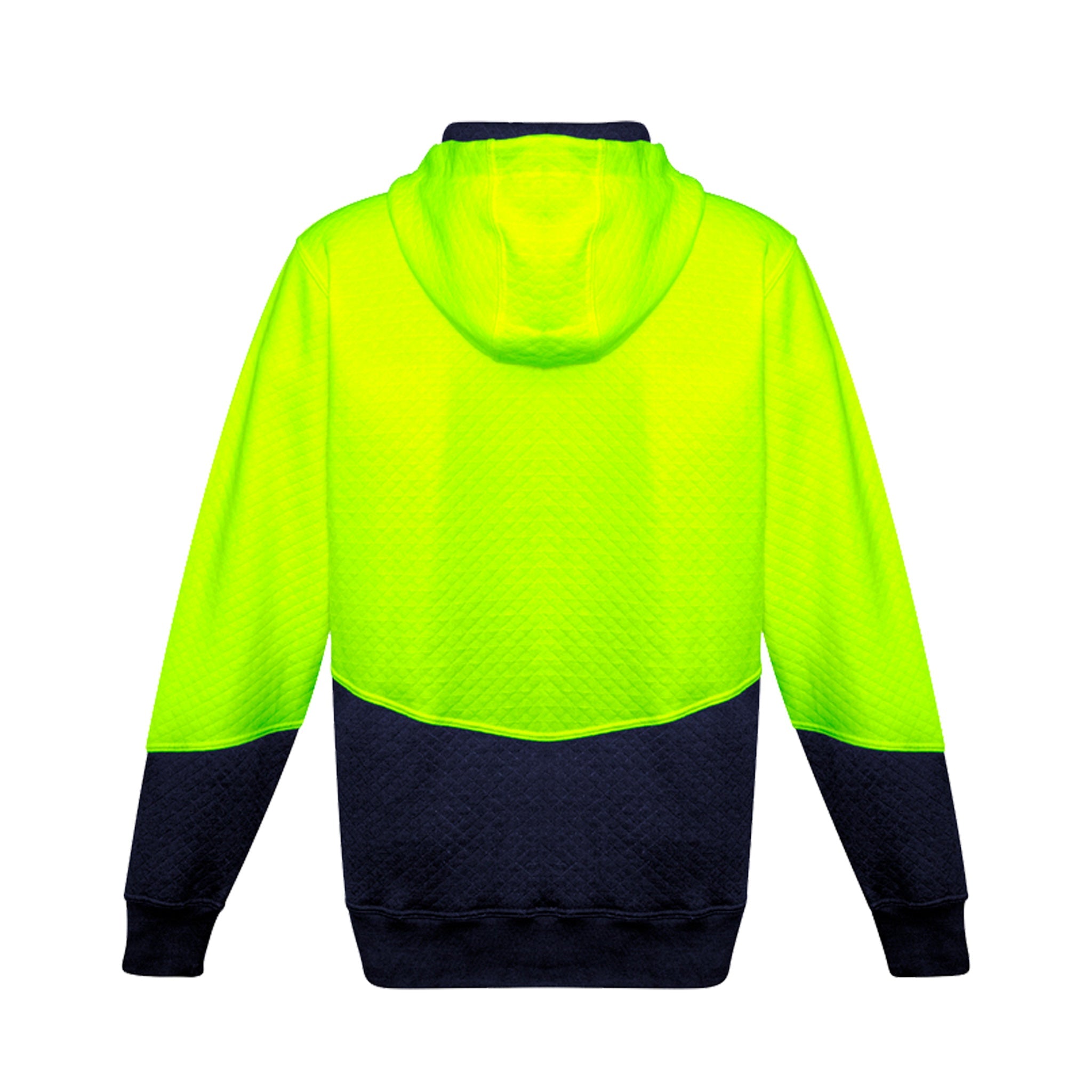 back of yellow navy hi vis textured jacquard hoodie