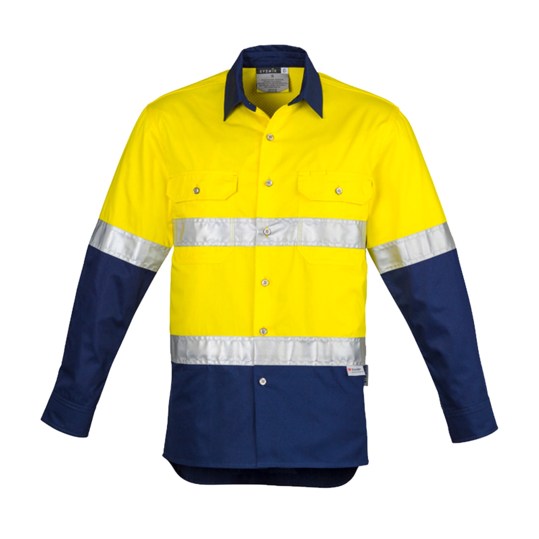 mens hi vis spliced hoop taped industrial shirt in yellow navy