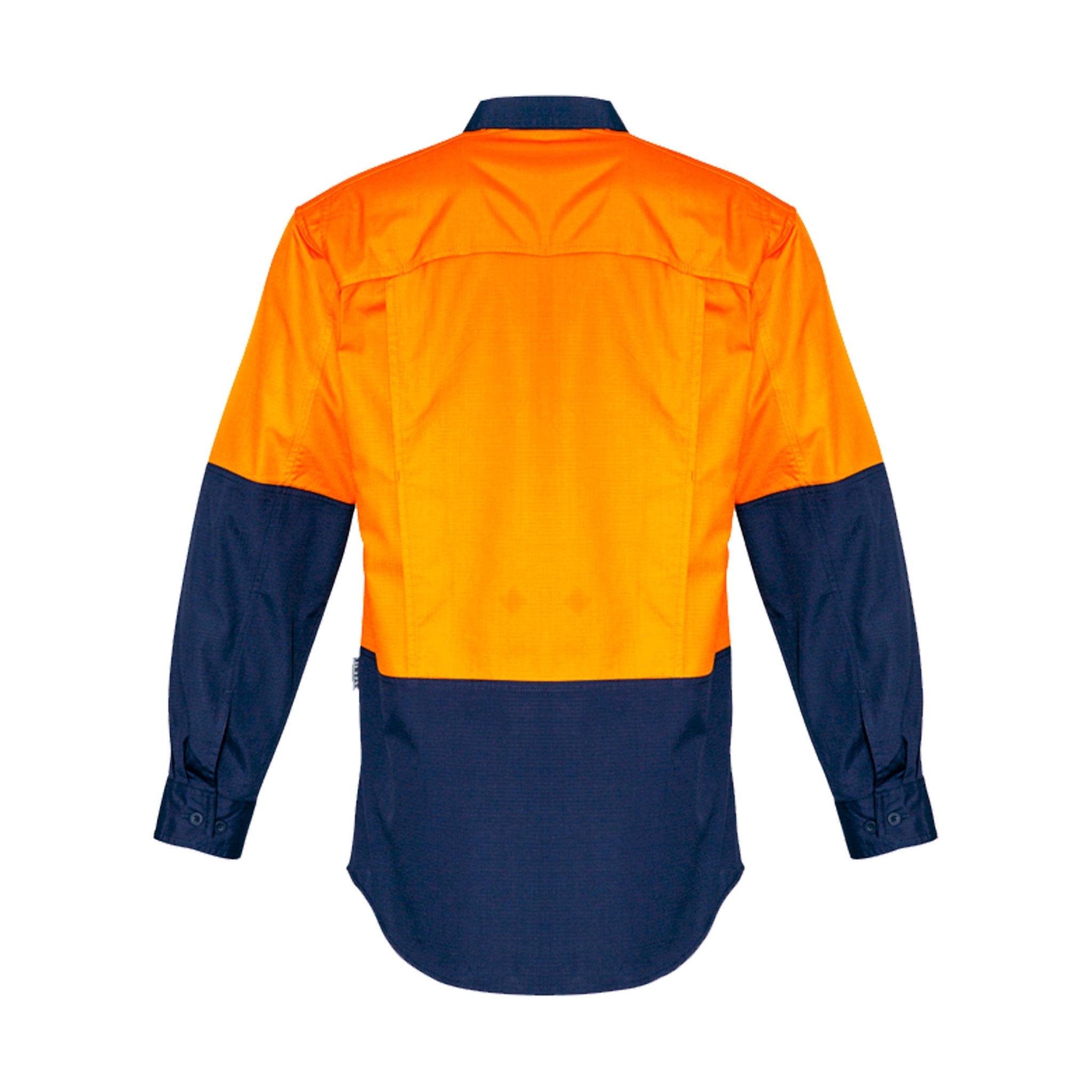 back of hi vis spliced rugged shirt in orange navy