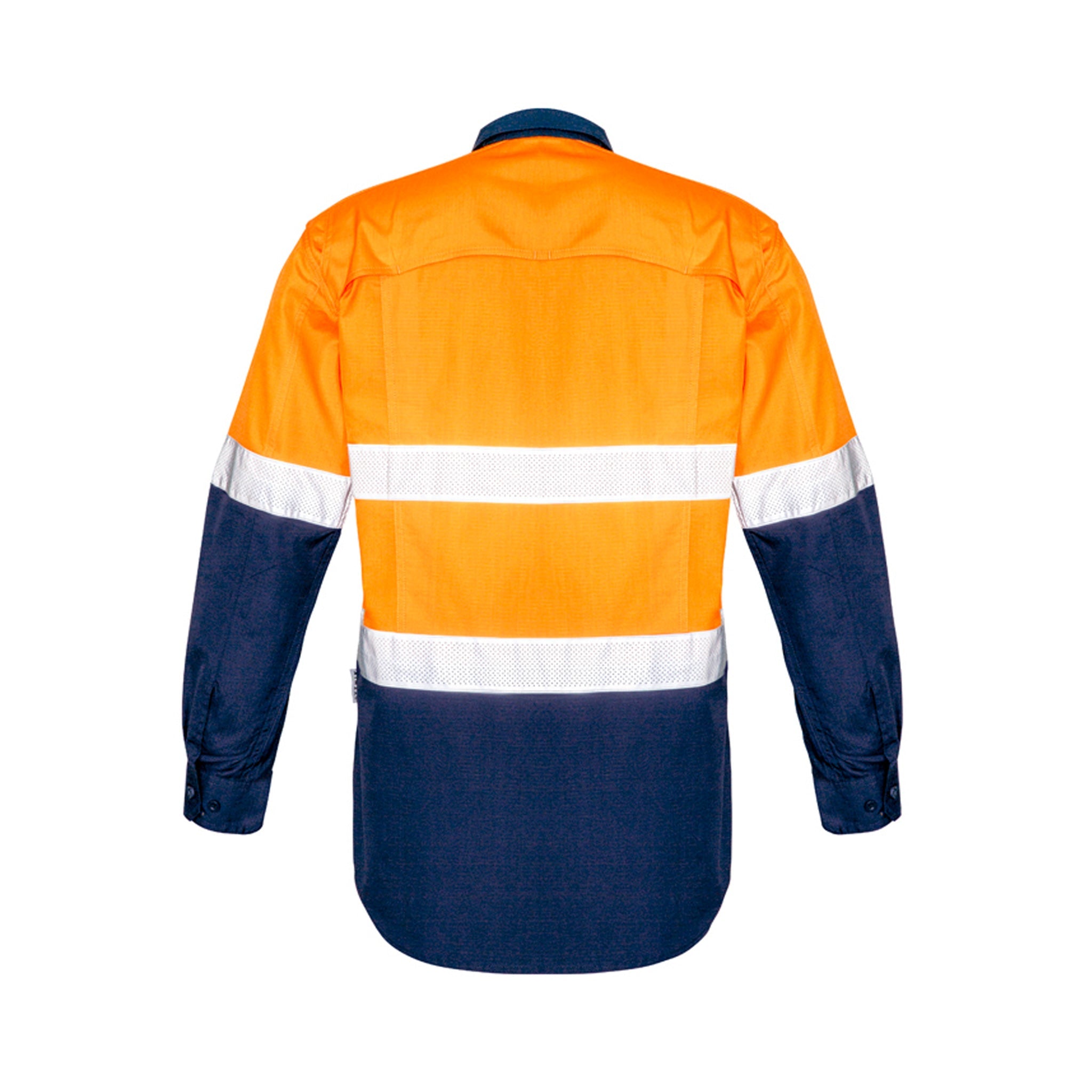 back of hi vis long sleeve hoop taped spliced rugged shirt in orange navy