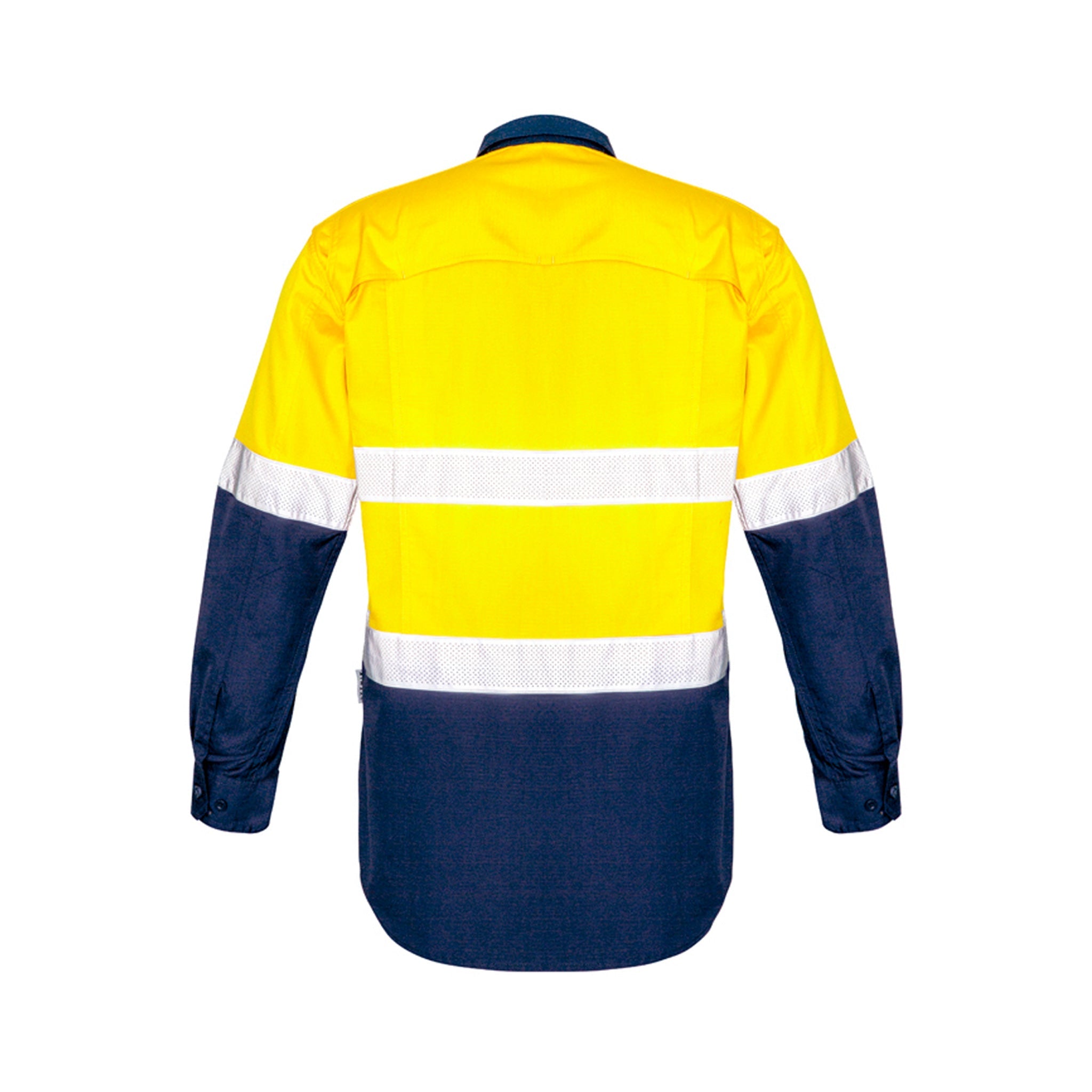 back of hi vis long sleeve hoop taped spliced rugged shirt in yellow navy