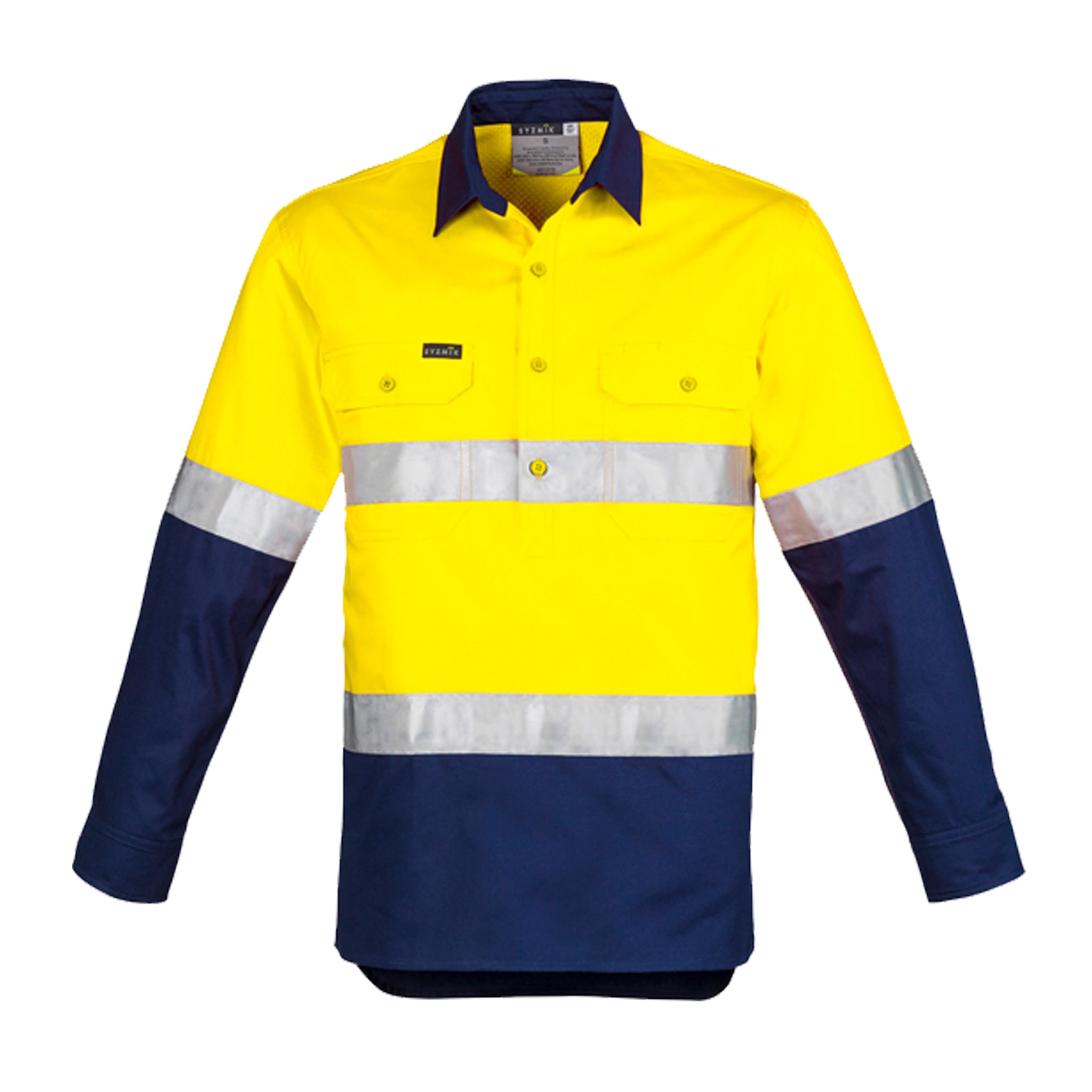 hi vis hoop taped long sleeve shirt with closed front in yellow navy