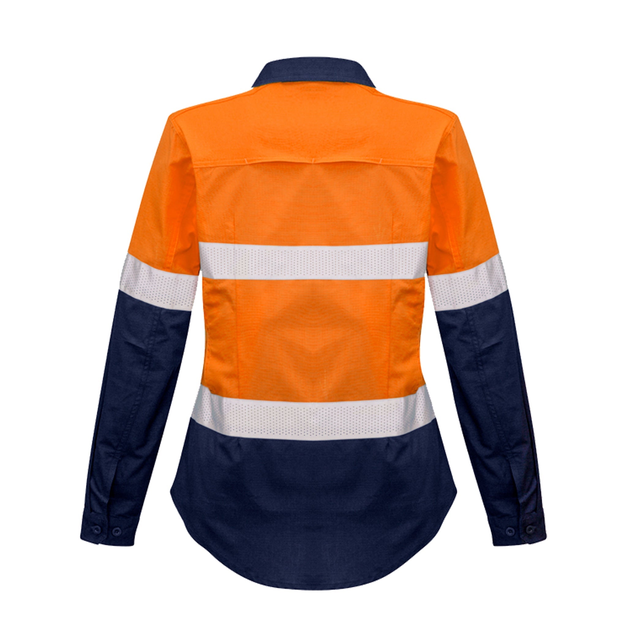 back of womens rugged cooling taped hi vis spliced long sleeve shirt in orange navy