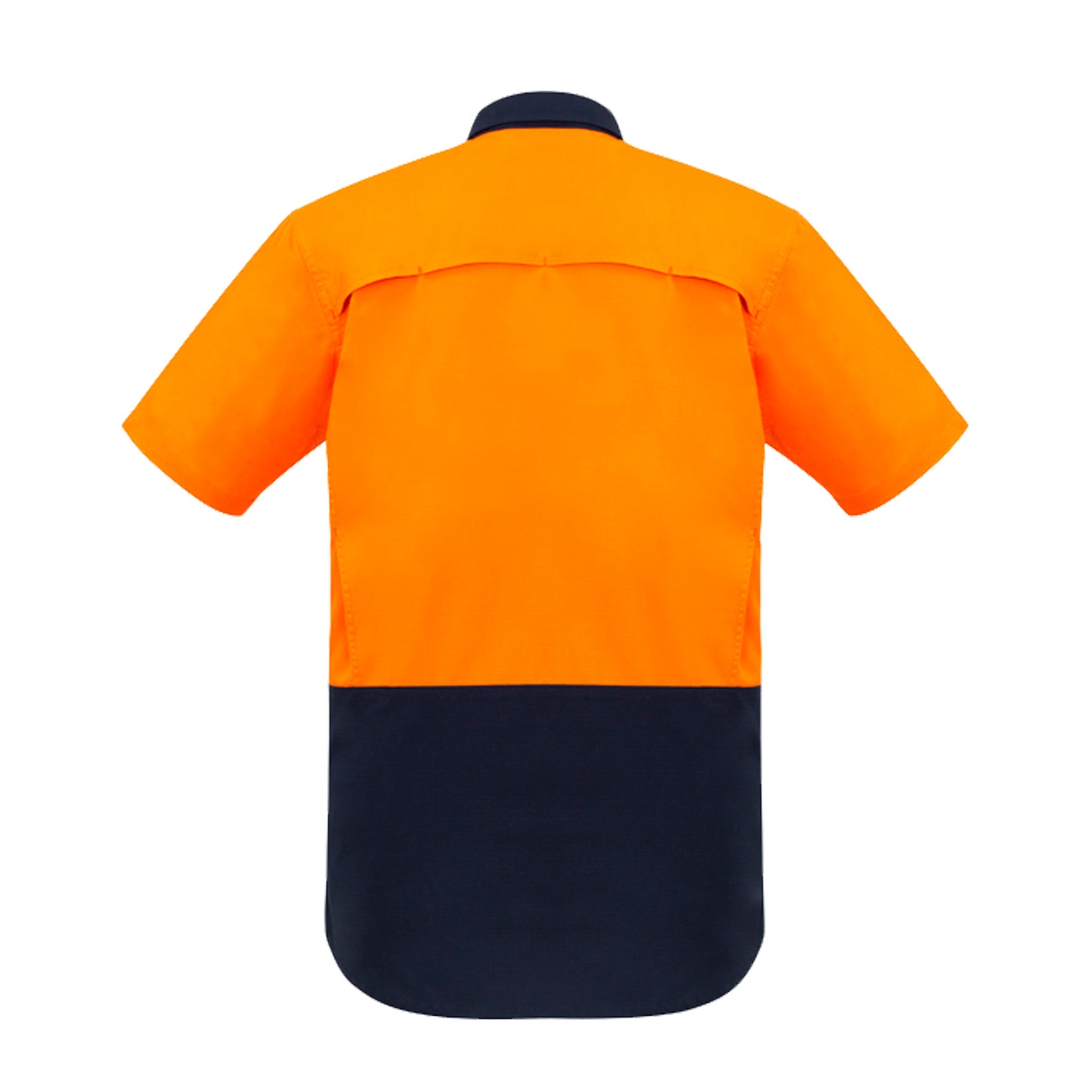 back of rugged cooling hi vis spliced short sleeve shirt in orange navy